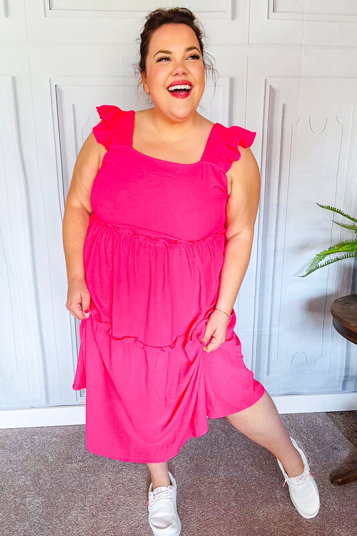 Lots To Love Fuchsia Smocked Flutter Sleeve Tiered Midi Dress (Open Pack)