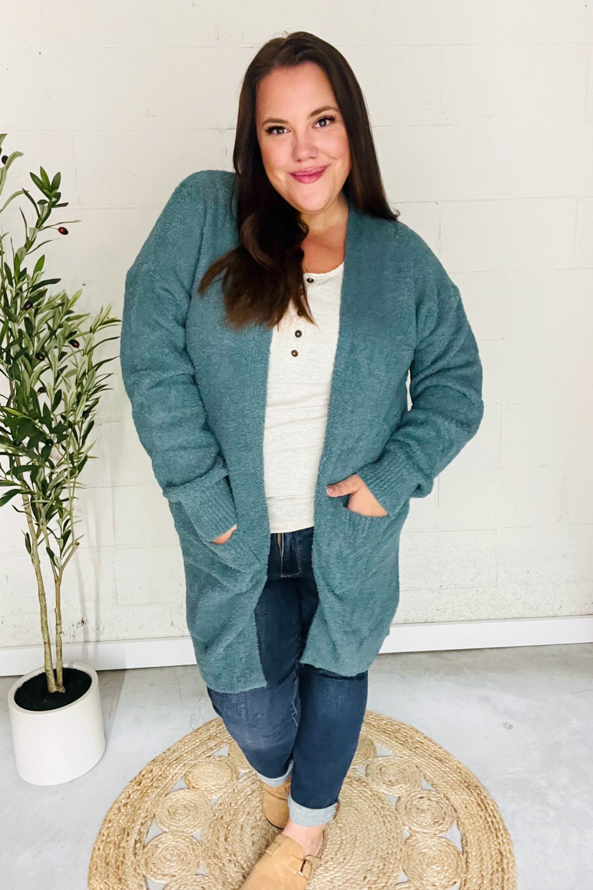 Plus Forest Thick Fuzzy Pocketed Cardigan