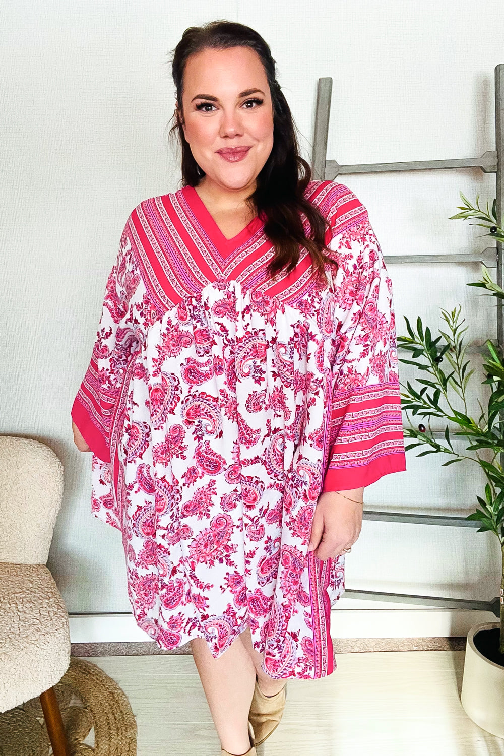 Let's Meet Up Red & Pink Paisley Drop Shoulder Kimono Dress (Open Pack)