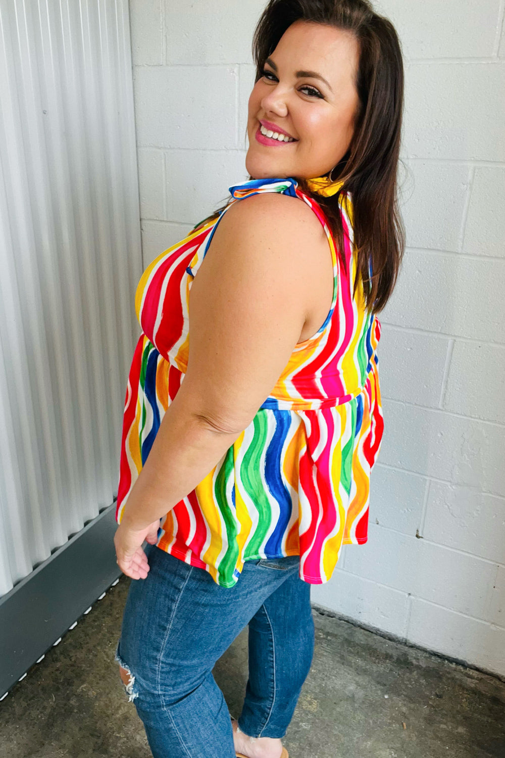 Multicolor Wavy Stripe Shoulder Tie Detail Top (Open Pack)