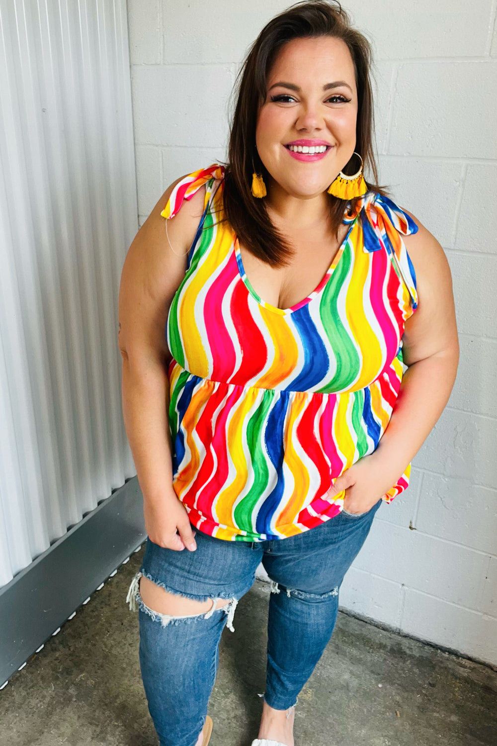 Multicolor Wavy Stripe Shoulder Tie Detail Top (Open Pack)