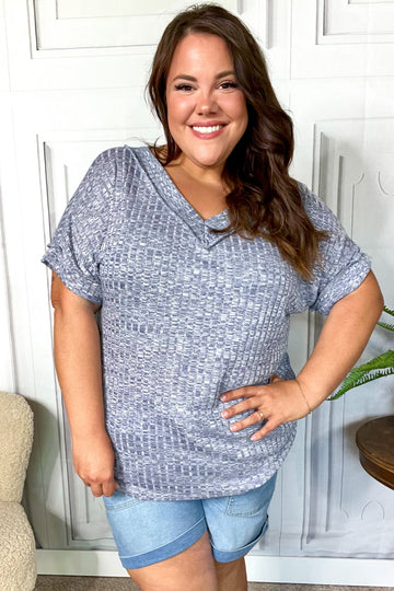 Weekend Ready Denim Banded V Neck Textured Slub Rib Top (Open Pack)