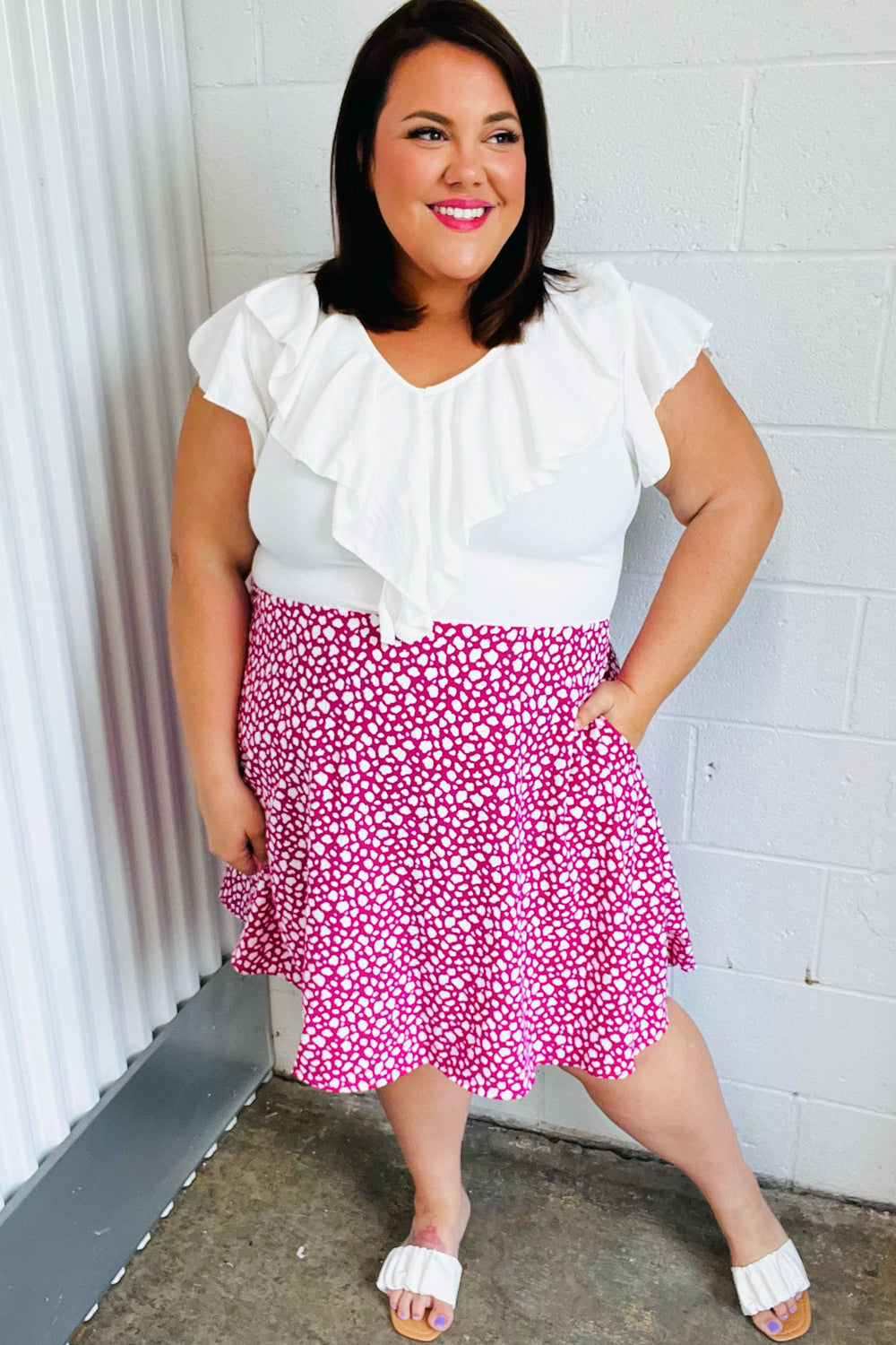Fuchsia Leopard Two Fer Ruffle V Neck Woven Dress (Open Pack)