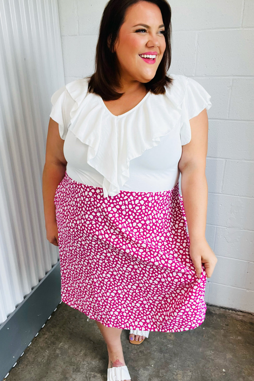 Fuchsia Leopard Two Fer Ruffle V Neck Woven Dress (Open Pack)
