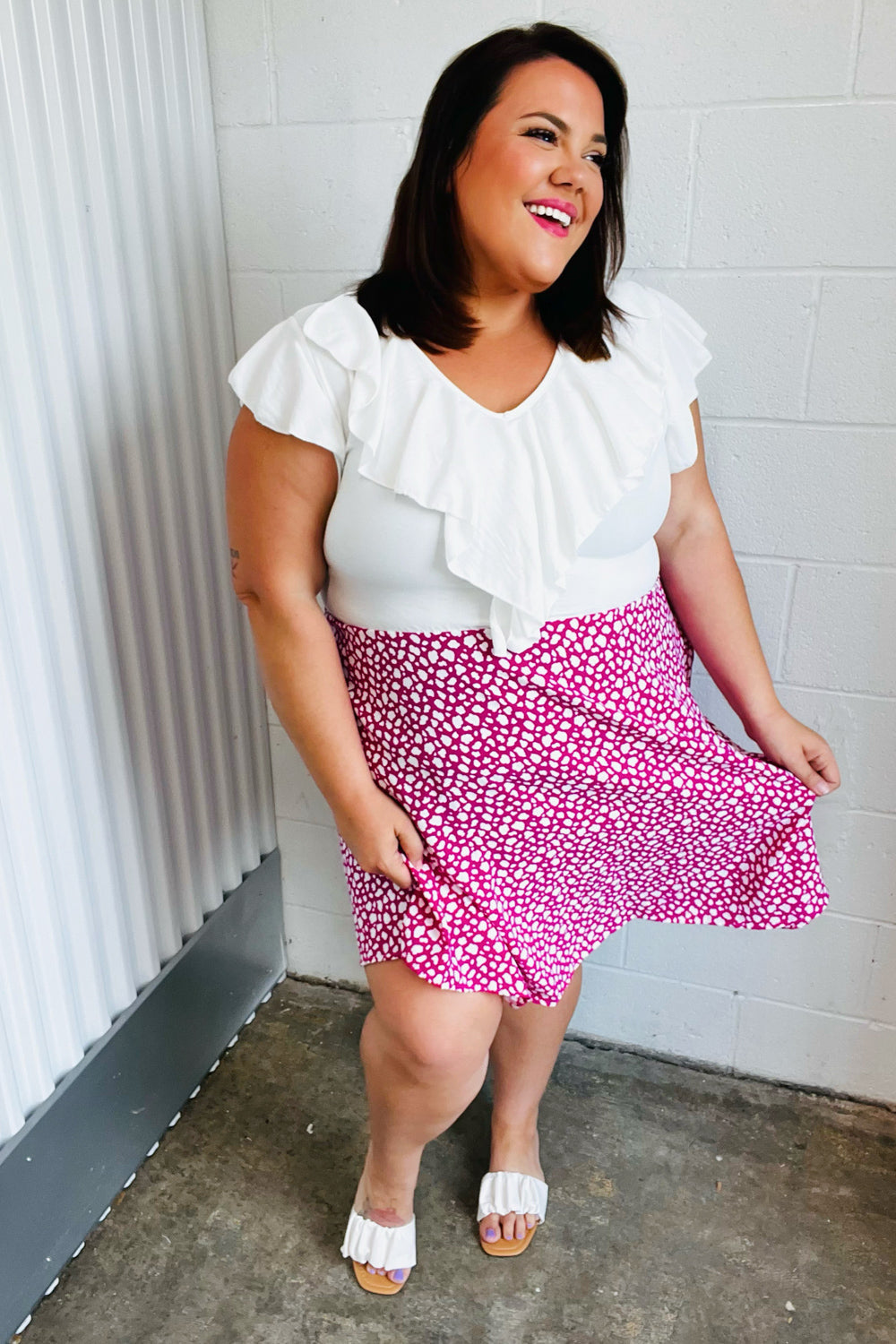 Fuchsia Leopard Two Fer Ruffle V Neck Woven Dress (Open Pack)