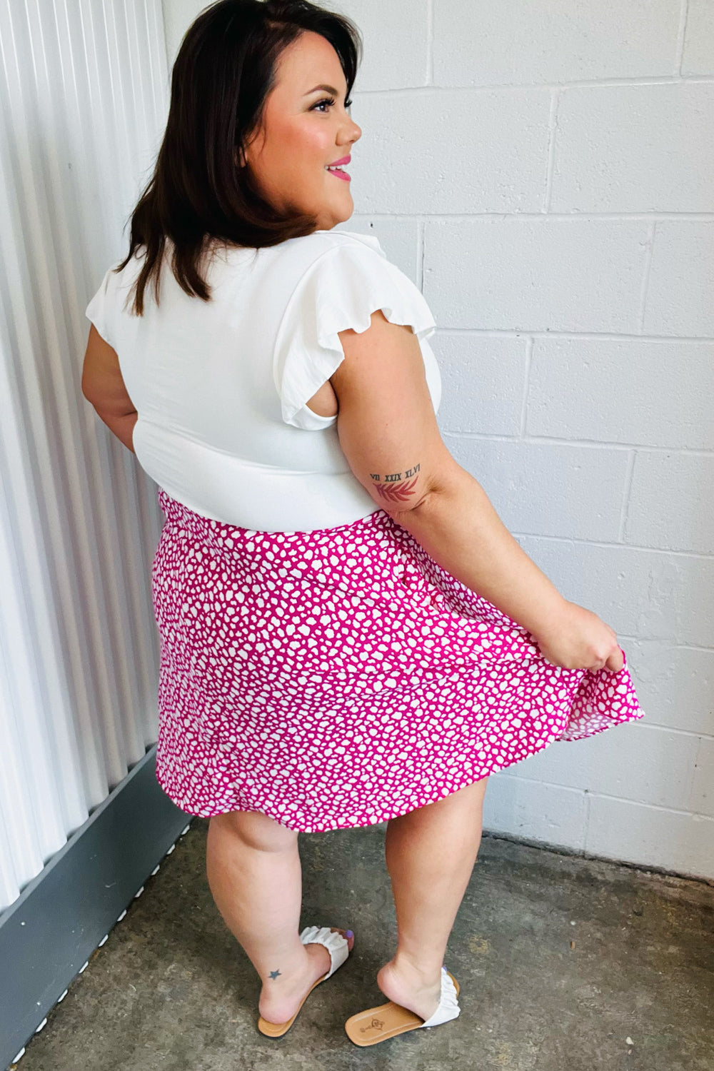 Fuchsia Leopard Two Fer Ruffle V Neck Woven Dress (Open Pack)