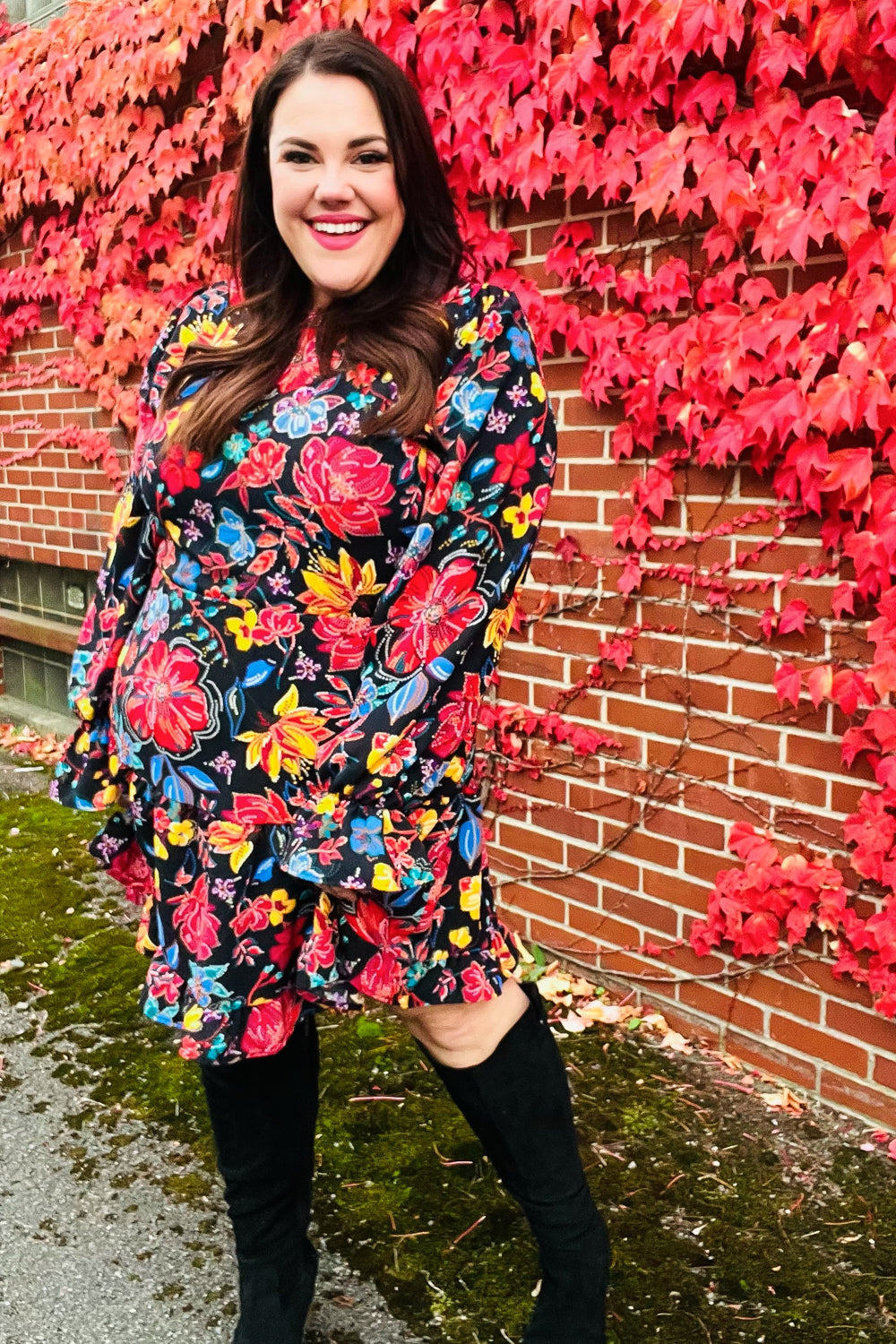 Lock Eyes Black Floral Sequin Print Ruffle Sleeve Frill Mock Neck Dress (Open Pack)