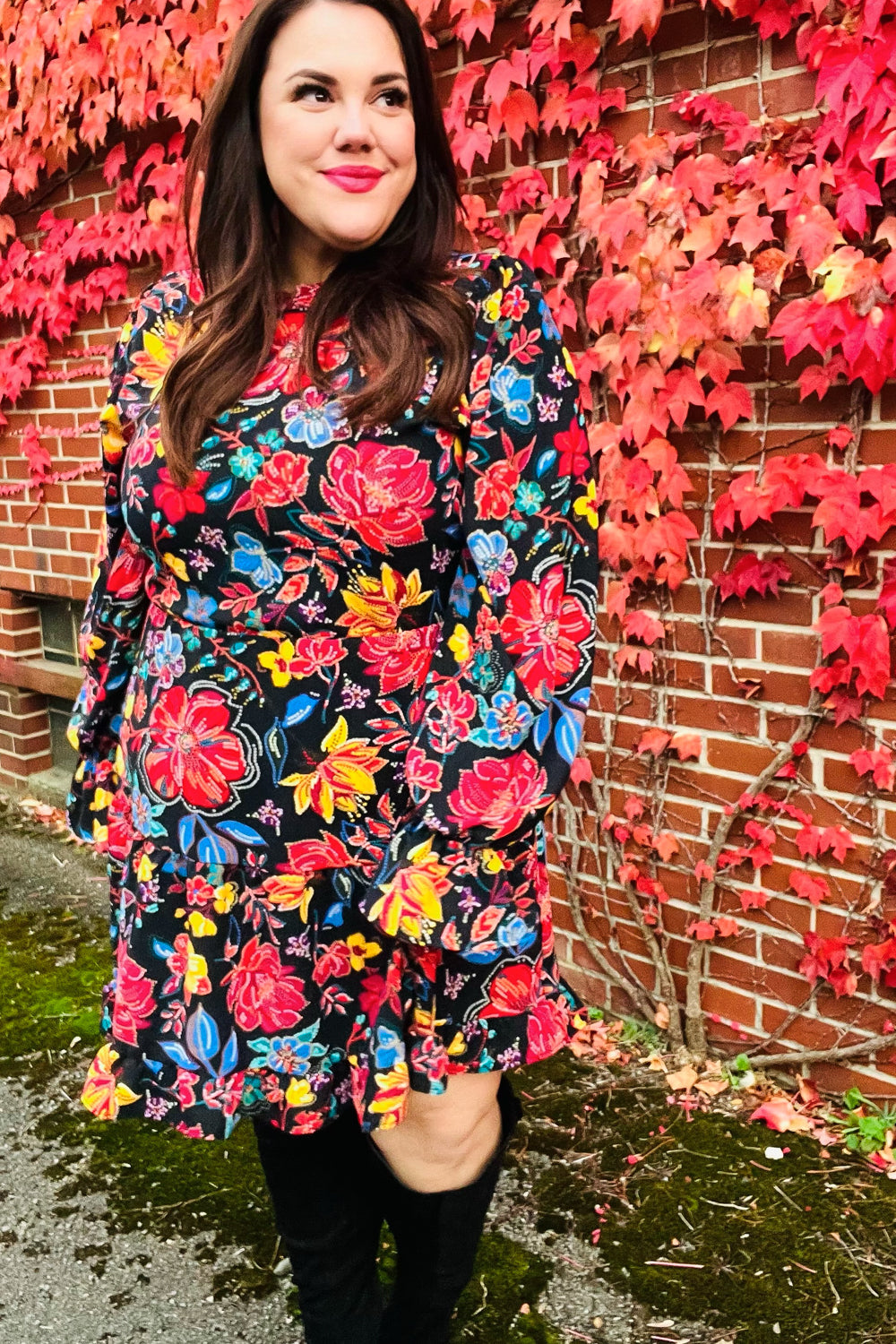 Lock Eyes Black Floral Sequin Print Ruffle Sleeve Frill Mock Neck Dress (Open Pack)