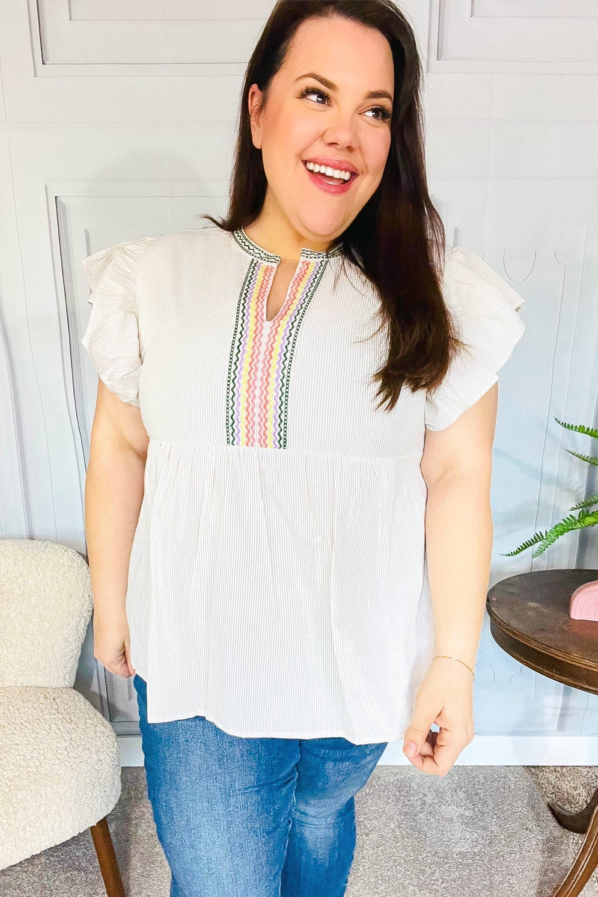 Weekend Ready Taupe Embroidered Notched Neck Babydoll Top (Open Pack)
