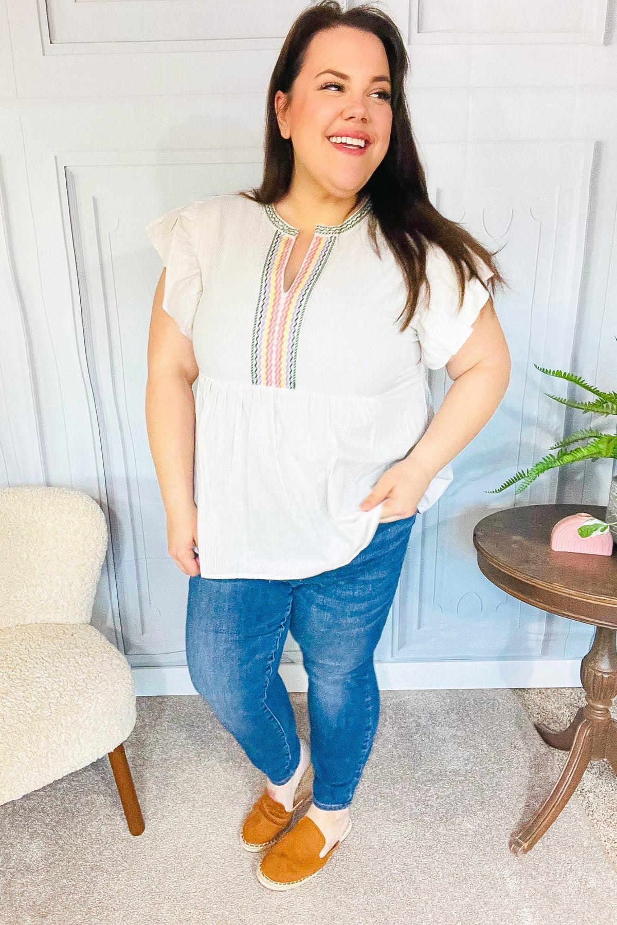 Weekend Ready Taupe Embroidered Notched Neck Babydoll Top (Open Pack)