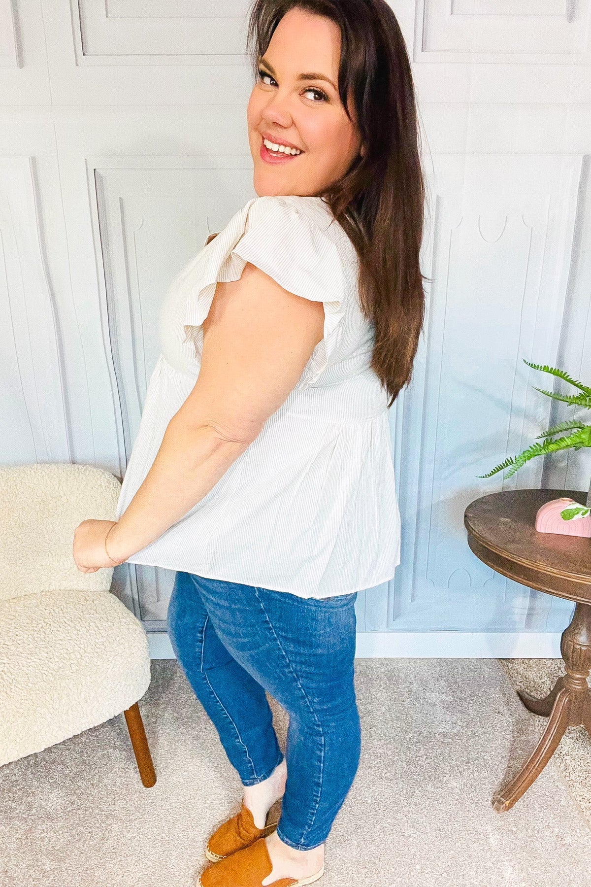 Weekend Ready Taupe Embroidered Notched Neck Babydoll Top (Open Pack)