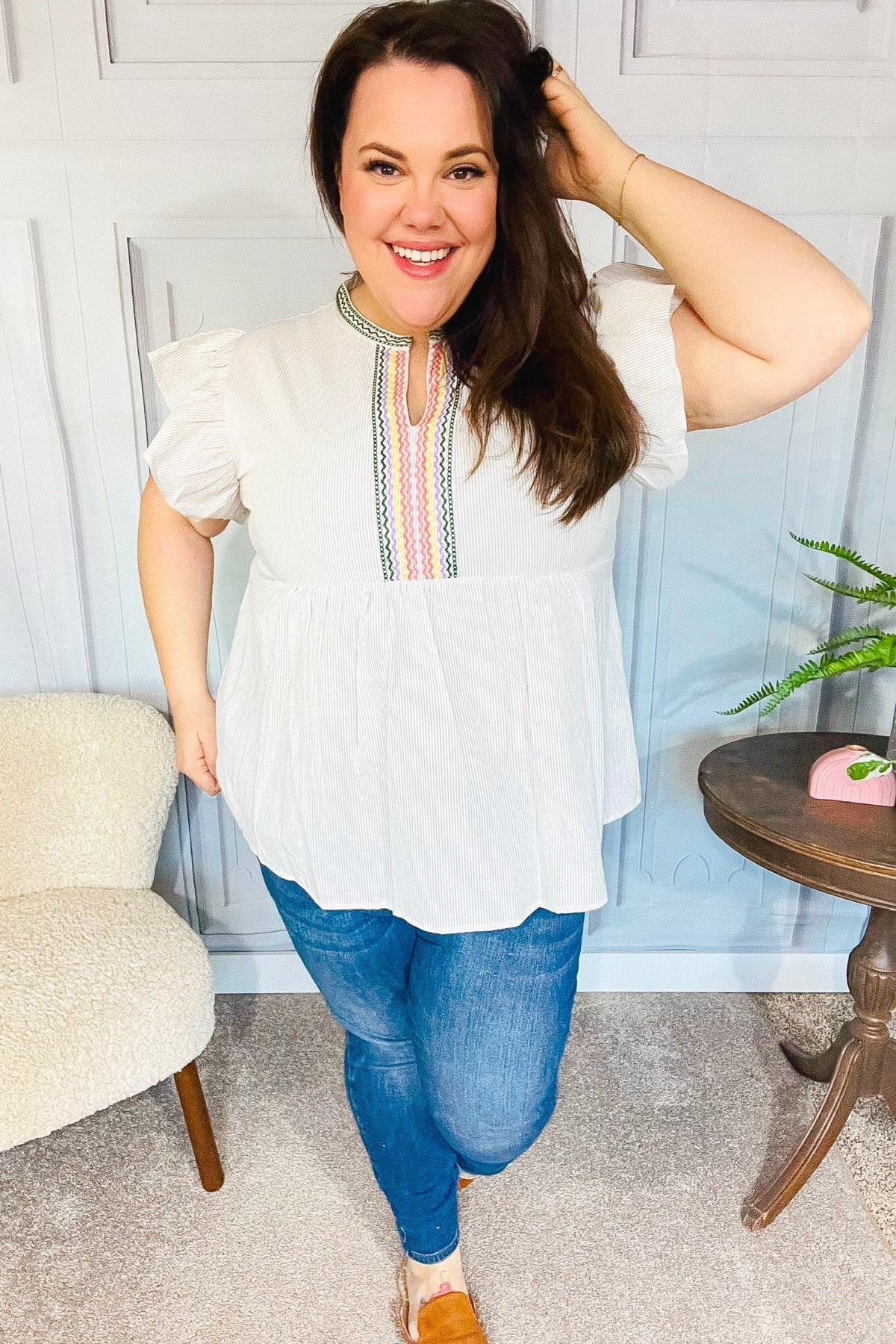 Weekend Ready Taupe Embroidered Notched Neck Babydoll Top (Open Pack)