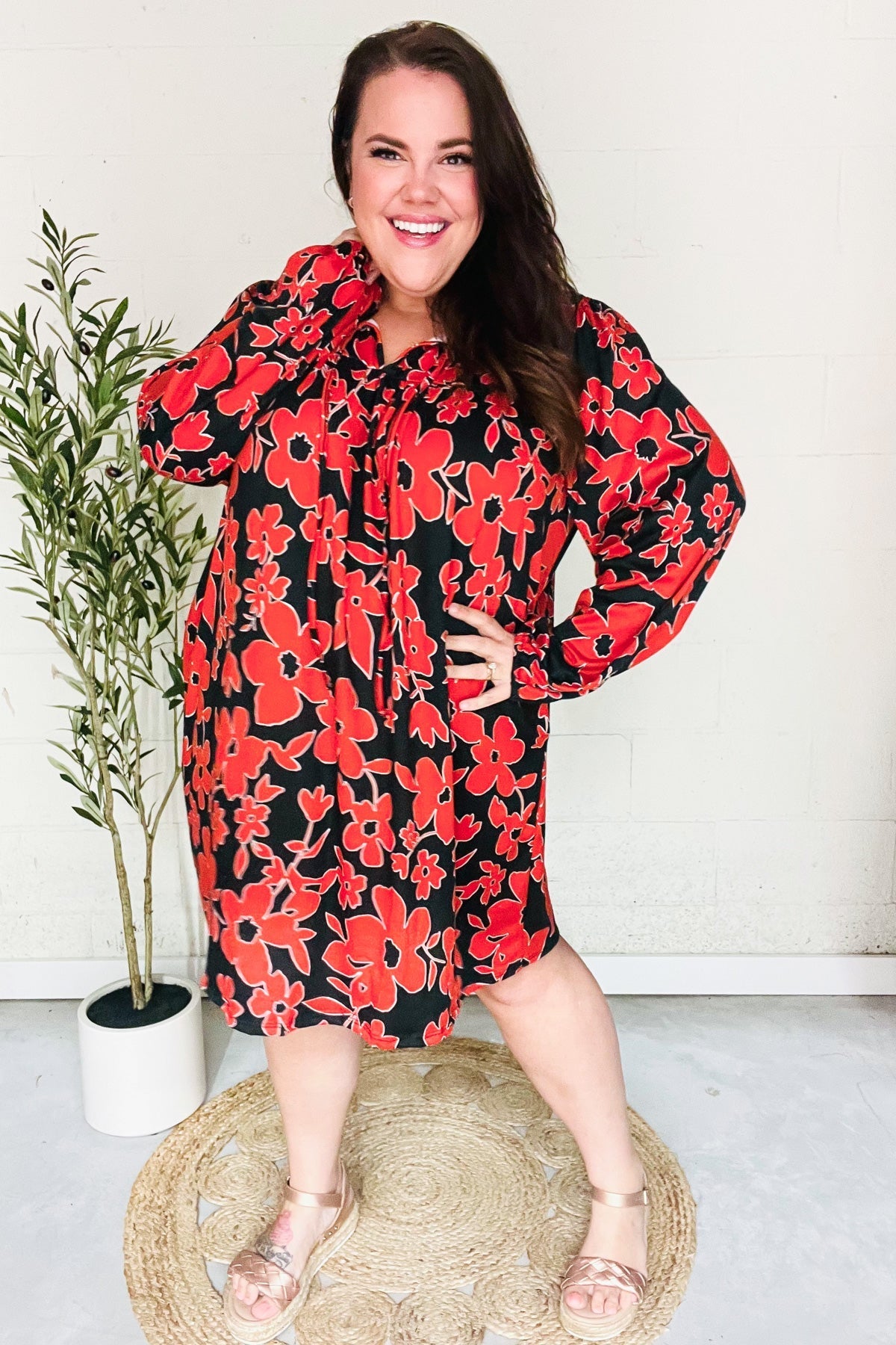 Boldly You Rust & Black Floral Print Front Tie Dress (Open Pack)