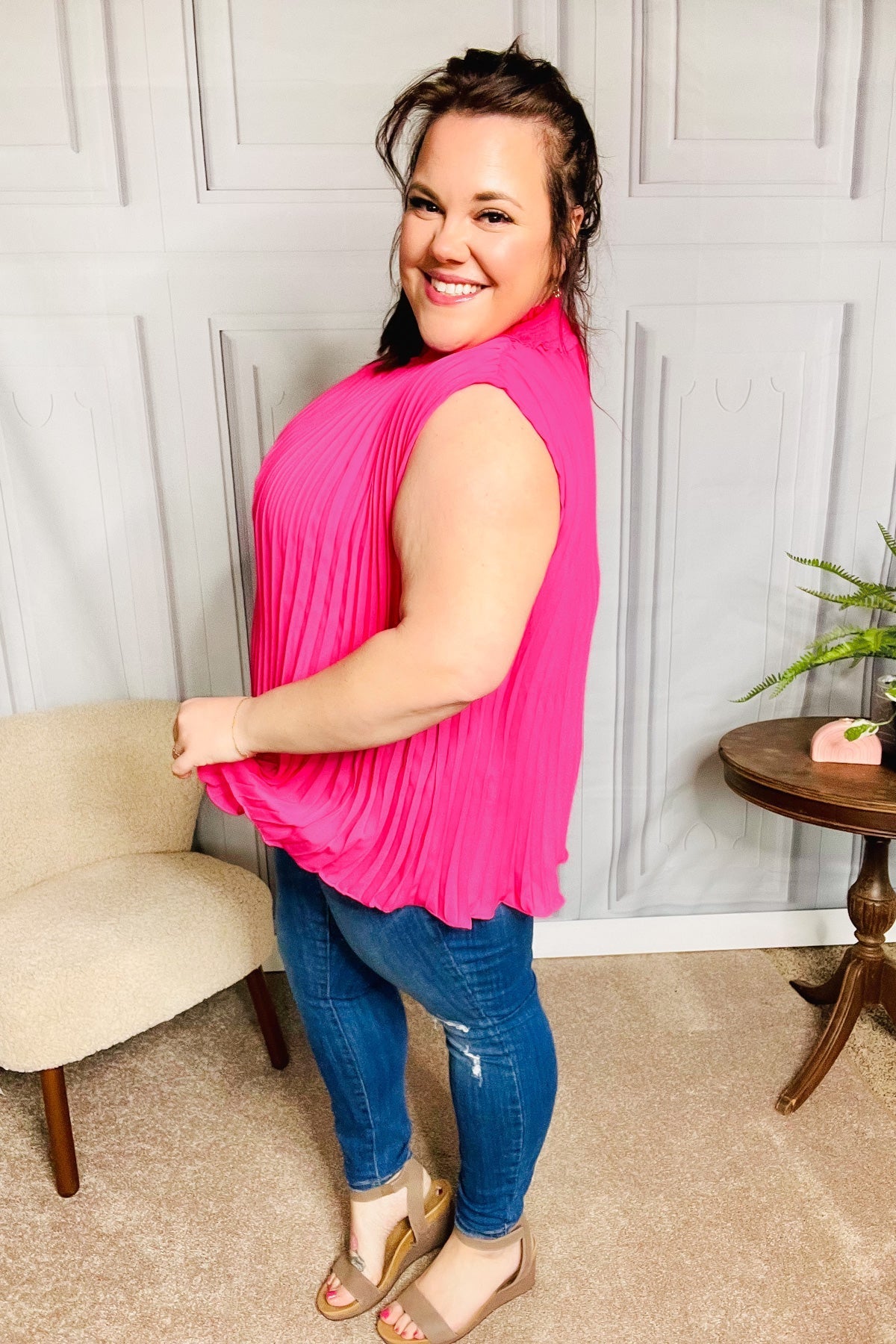 Sweet New Days Fuchsia Smocked Neck Pleated Sleeveless Top (Open Pack)