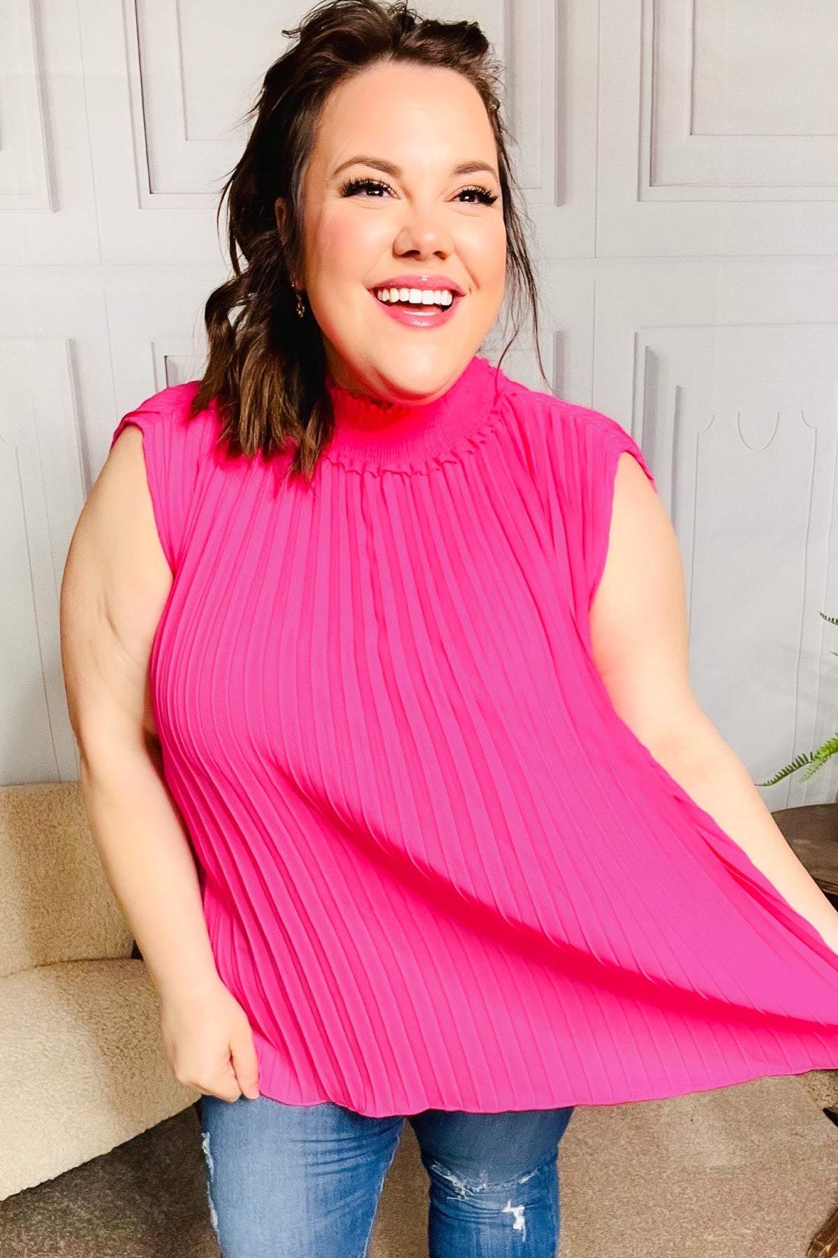 Sweet New Days Fuchsia Smocked Neck Pleated Sleeveless Top (Open Pack)