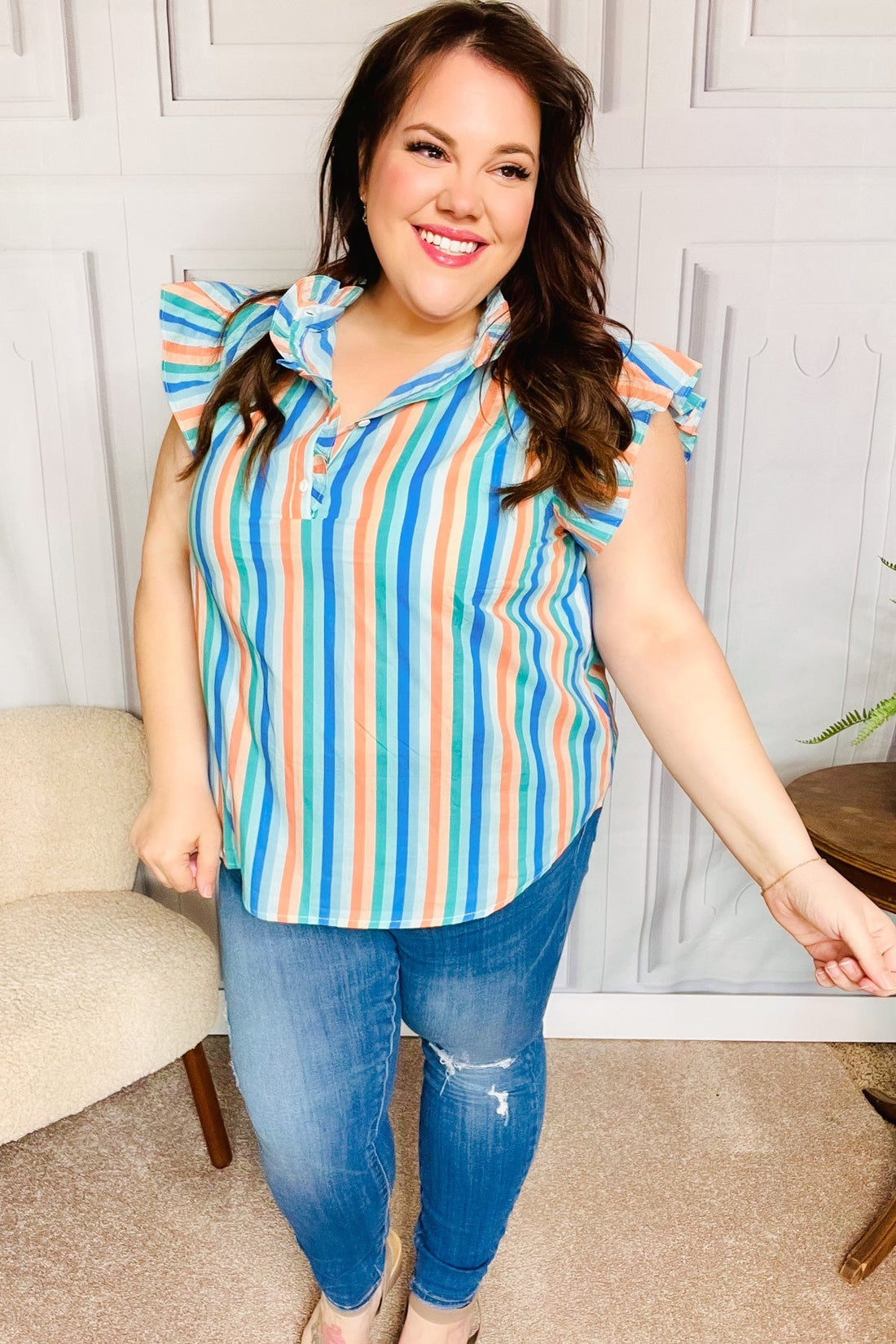 Happy Thoughts Sky Blue Striped Frill Button Down Top (Open Pack)