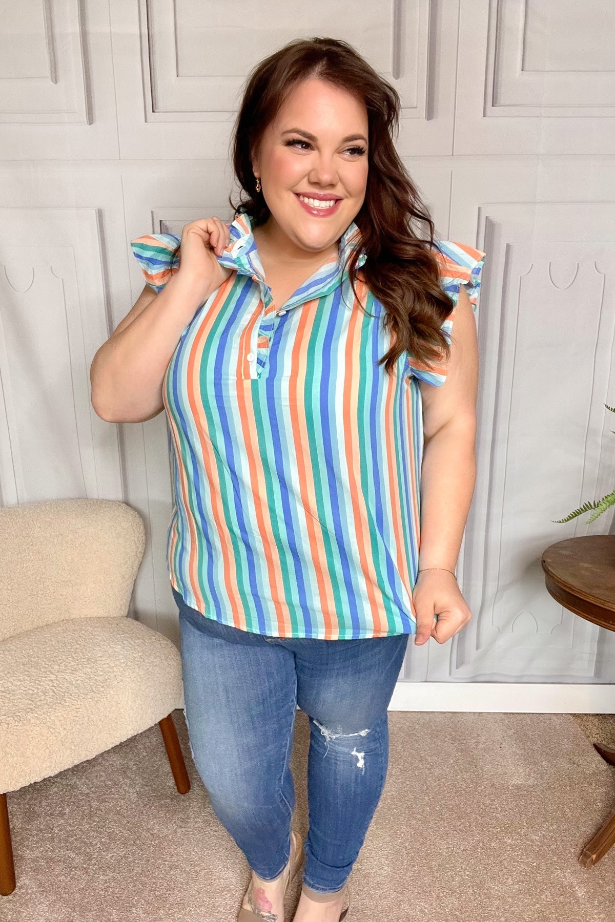 Happy Thoughts Sky Blue Striped Frill Button Down Top (Open Pack)