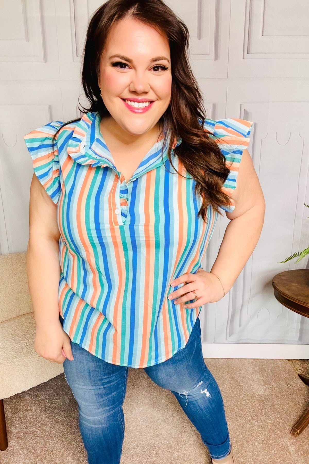 Happy Thoughts Sky Blue Striped Frill Button Down Top (Open Pack)