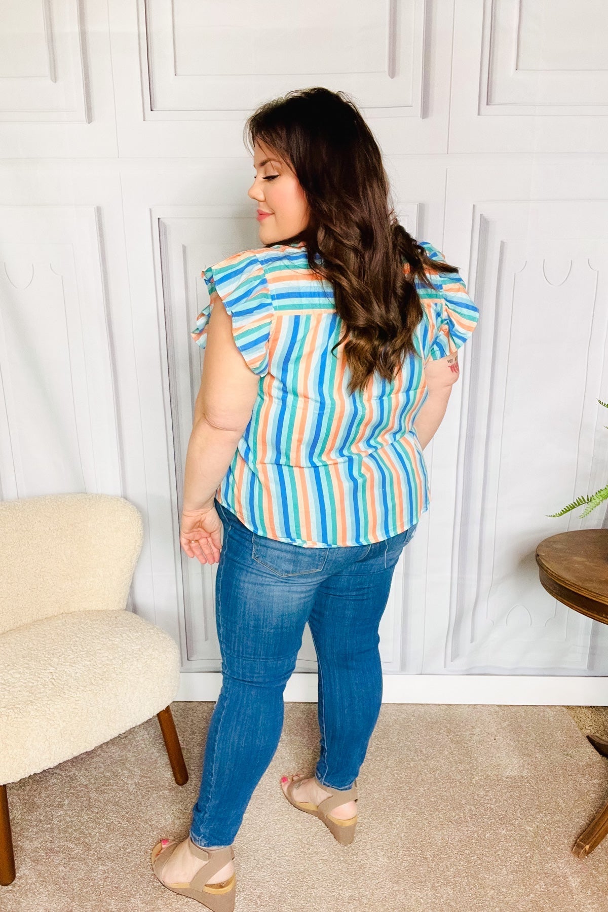 Happy Thoughts Sky Blue Striped Frill Button Down Top (Open Pack)