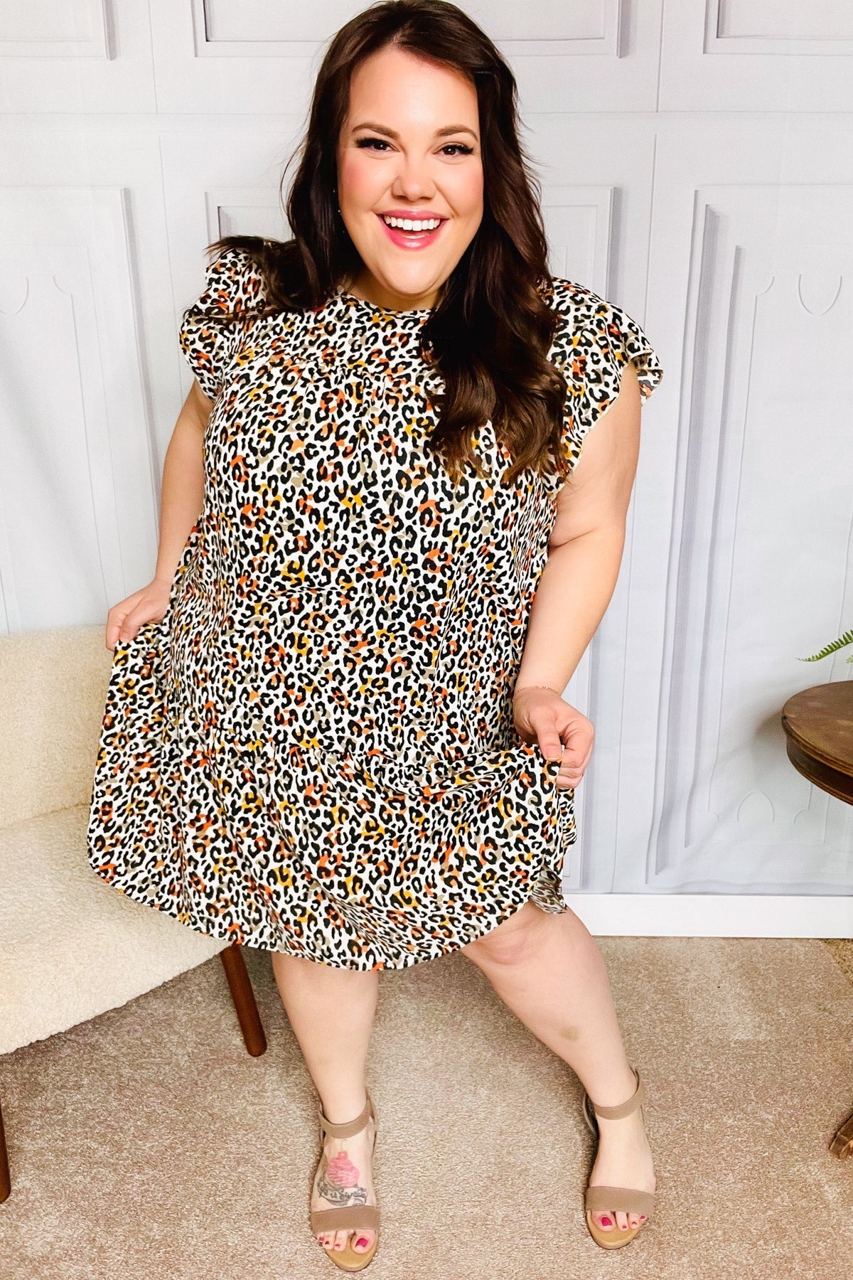Feeling Bold Taupe Leopard Print Tiered Ruffle Sleeve Woven Dress (Open Pack)