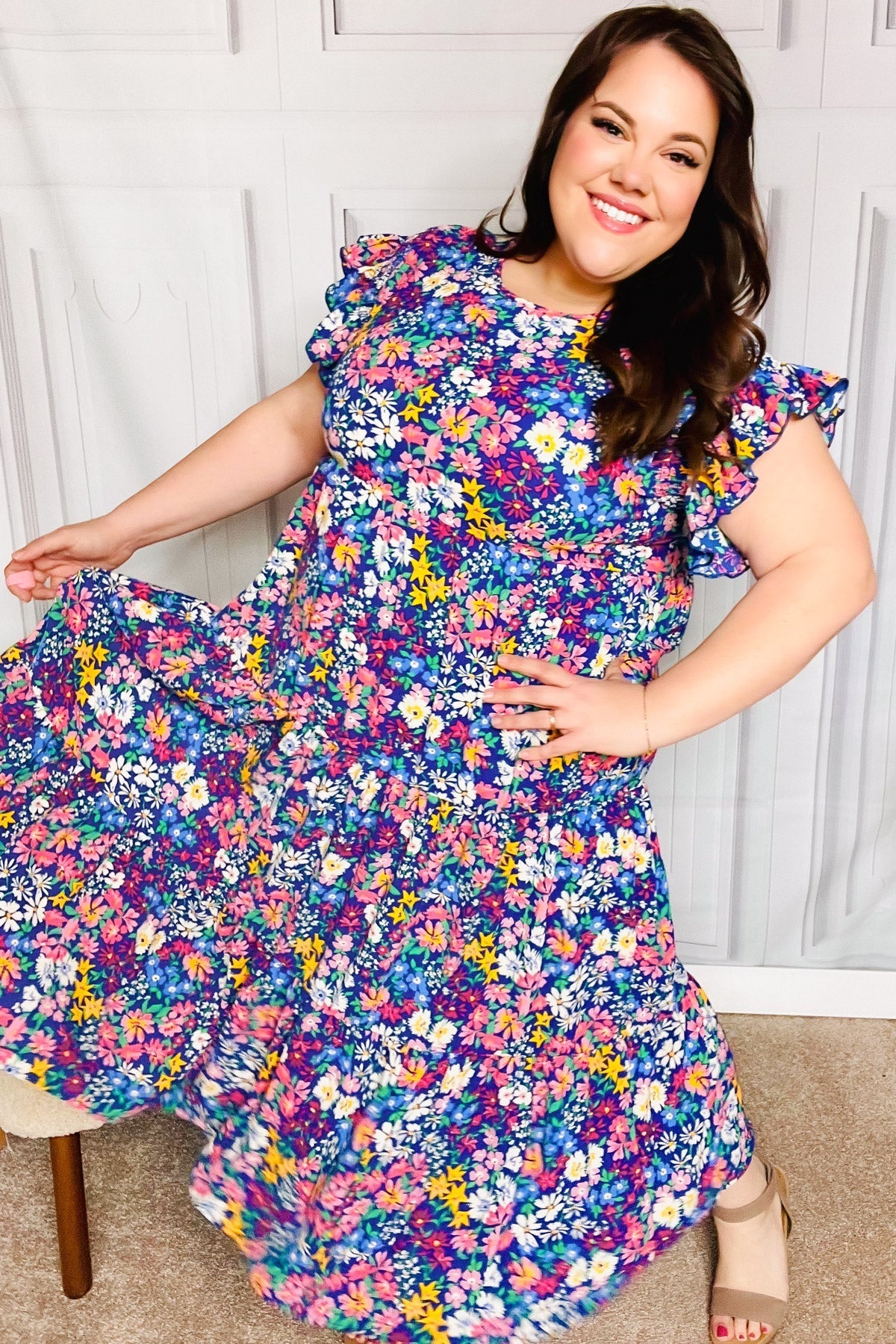 Just A Dream Navy Floral Smocked Ruffle Sleeve Maxi Dress (Open Pack)