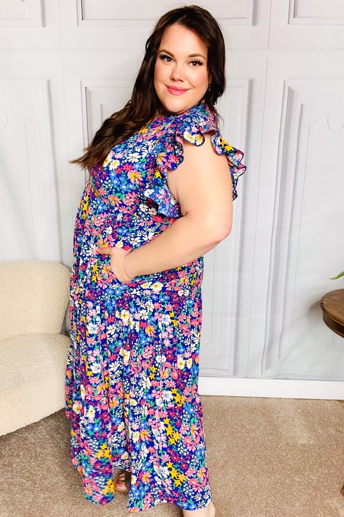 Just A Dream Navy Floral Smocked Ruffle Sleeve Maxi Dress (Open Pack)