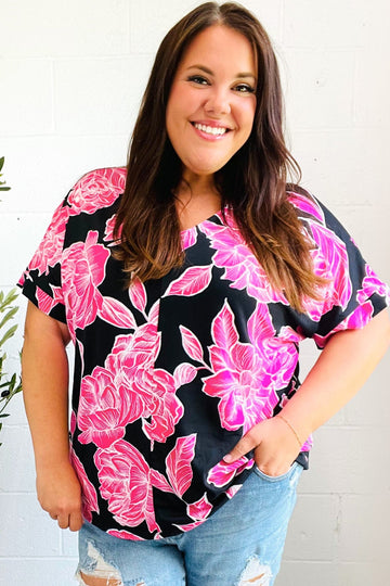 Tropical Vibes Black & Hot Pink Floral V Neck Top (Open Pack)