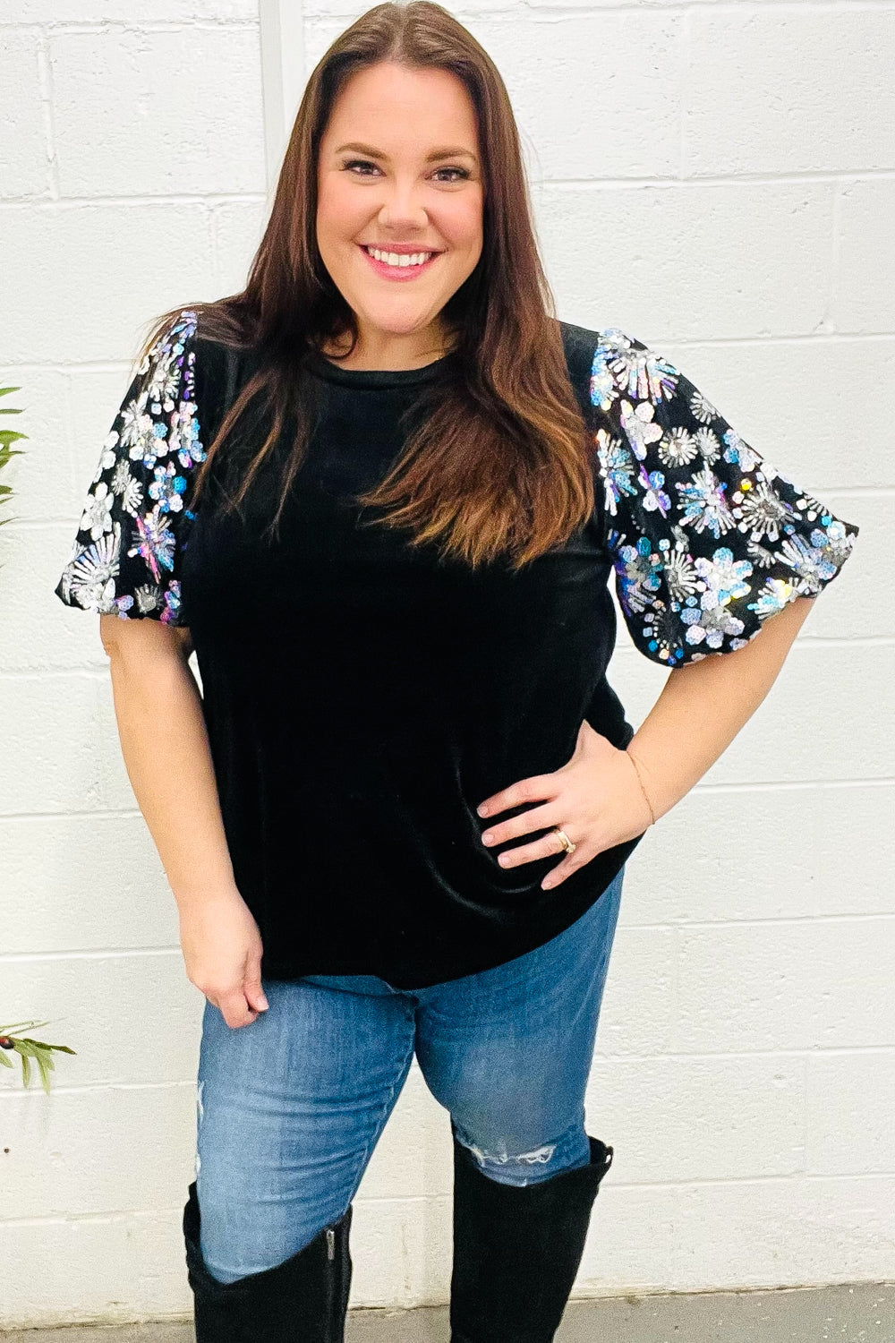 Feeling Glamorous Black Floral Sequin Puff Sleeve Velvet Top (Open Pack)