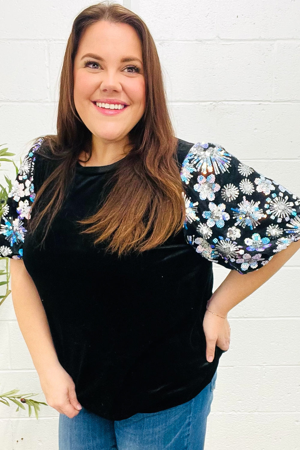 Feeling Glamorous Black Floral Sequin Puff Sleeve Velvet Top (Open Pack)