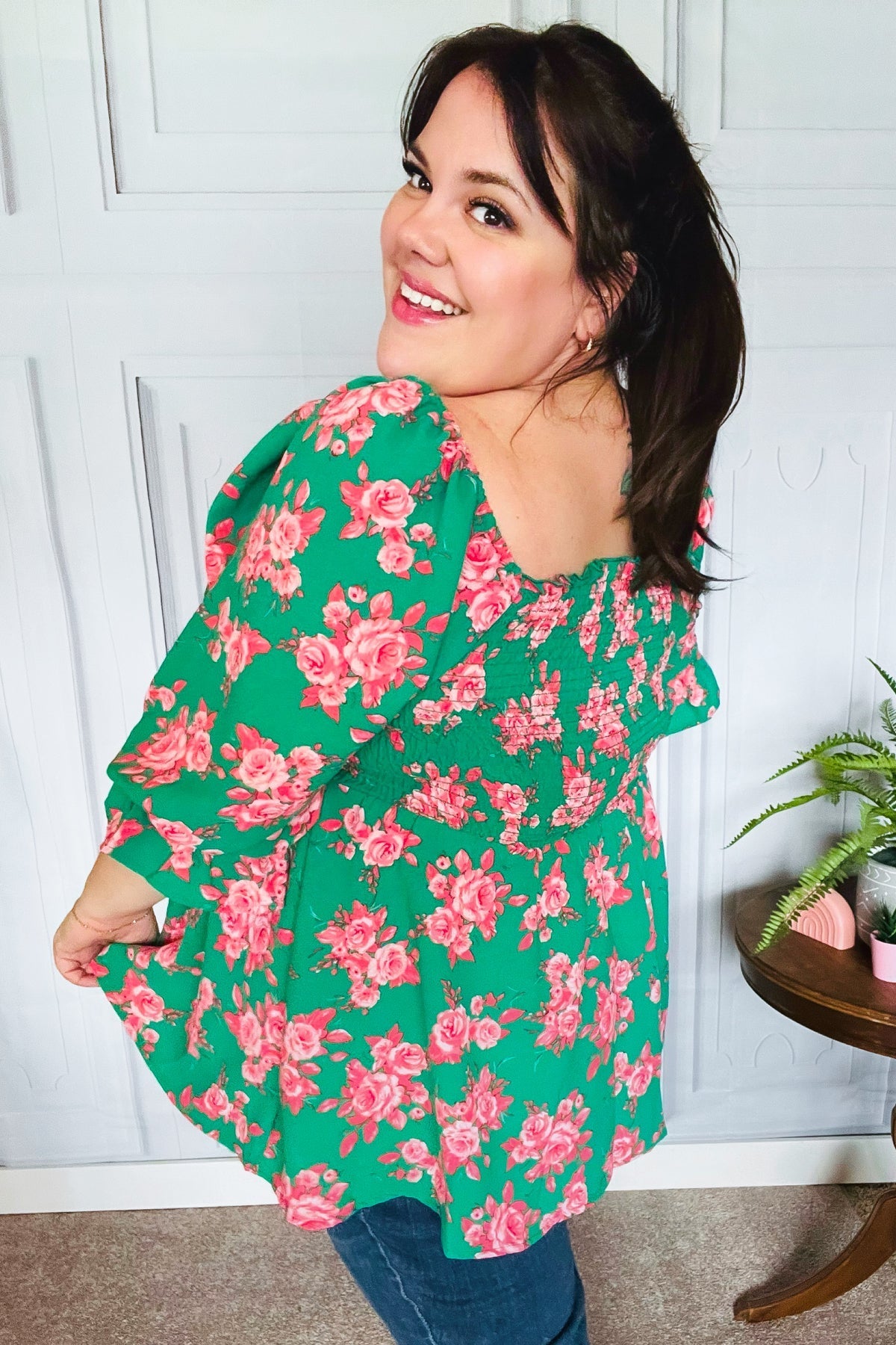 Sumptuous In Smocked Green & Coral Flower Print Babydoll Top (Open Pack)