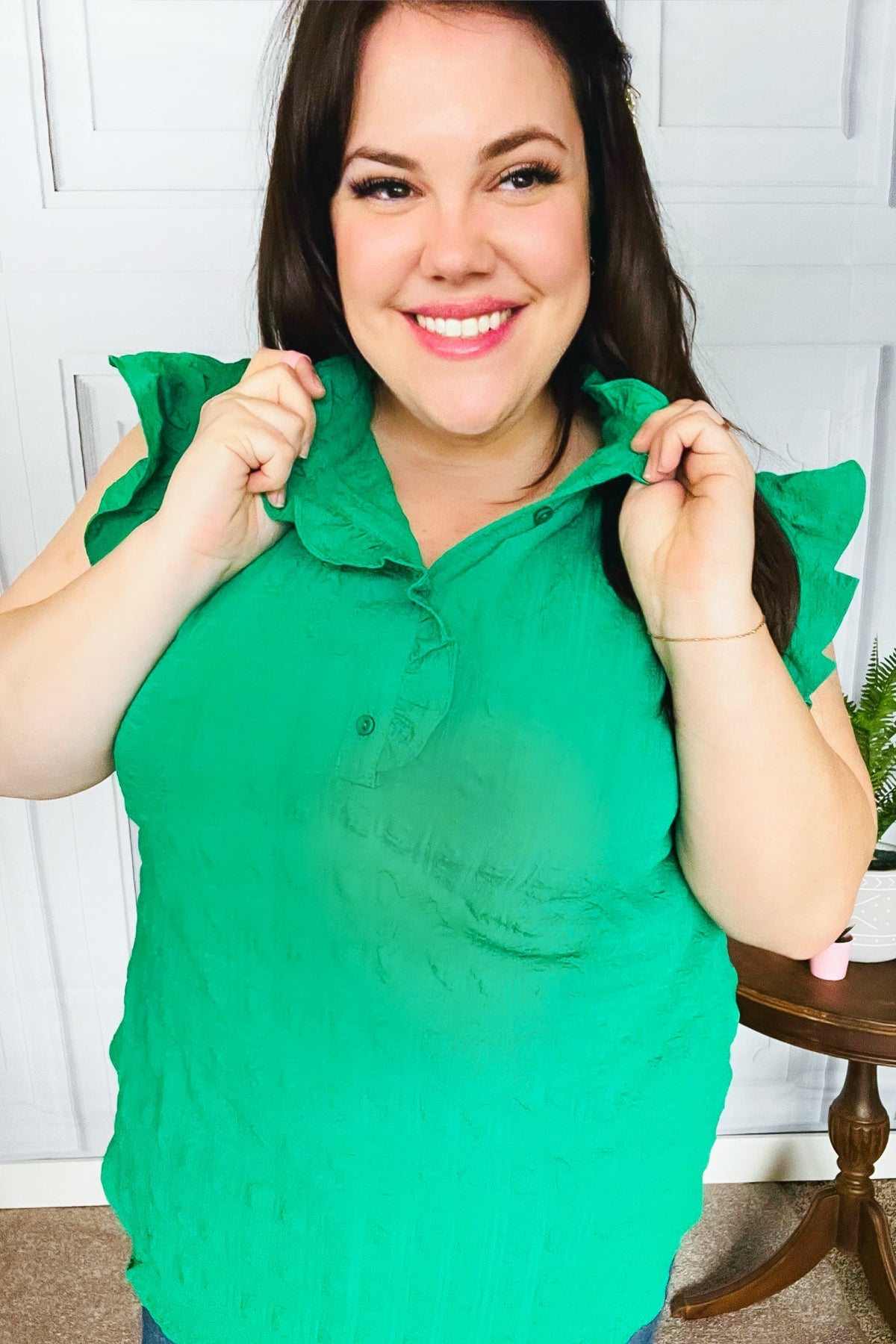 Glamorous In Kelly Green Textured Ruffle Mock Neck Top (Open Pack)