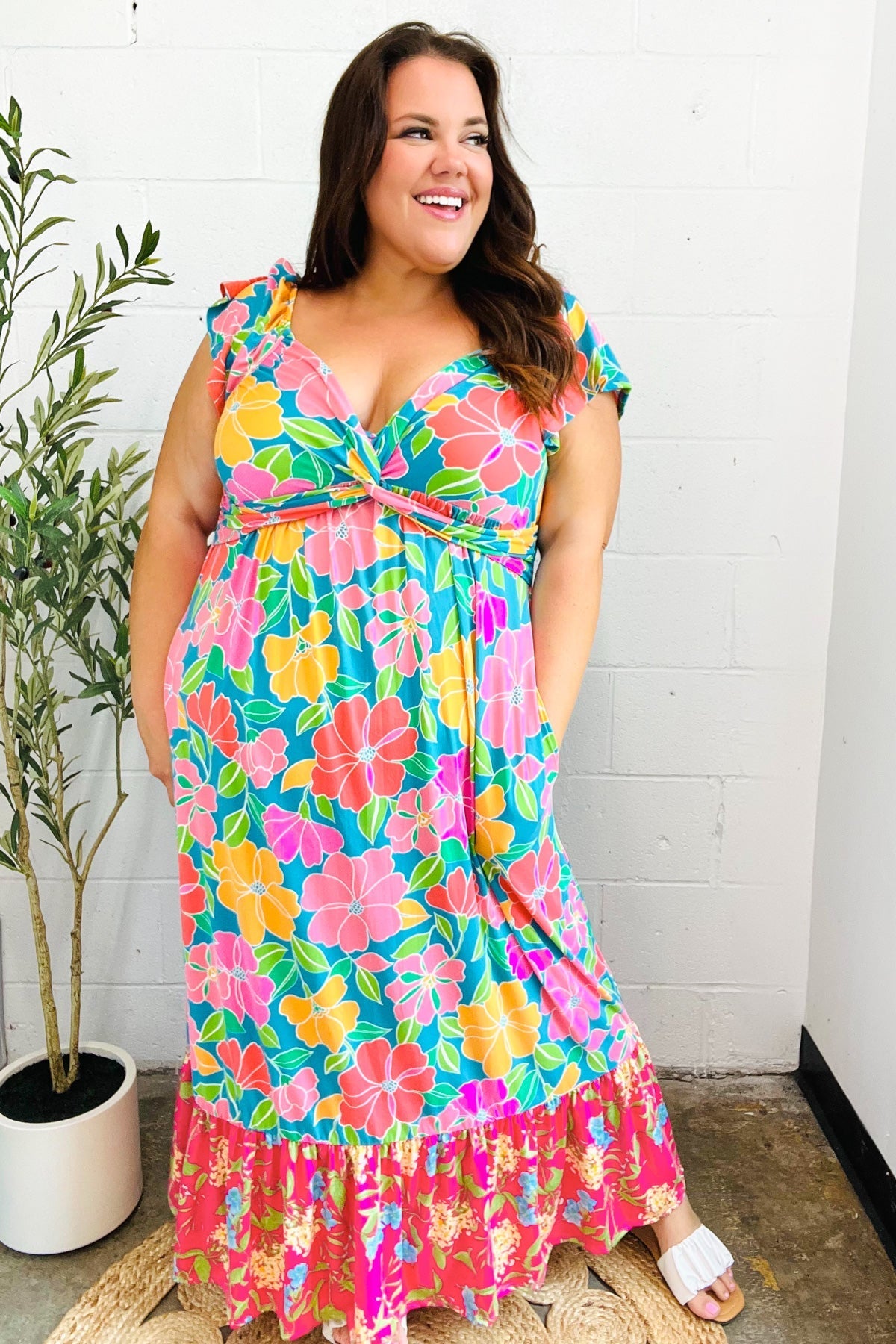 Vacay Vibes Blue Floral Print Twisted Neckline Maxi Dress (Open Pack)