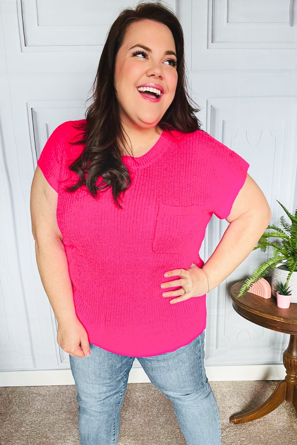 Best In Bold Hot Pink Dolman Ribbed Knit Sweater Top (Open Pack)