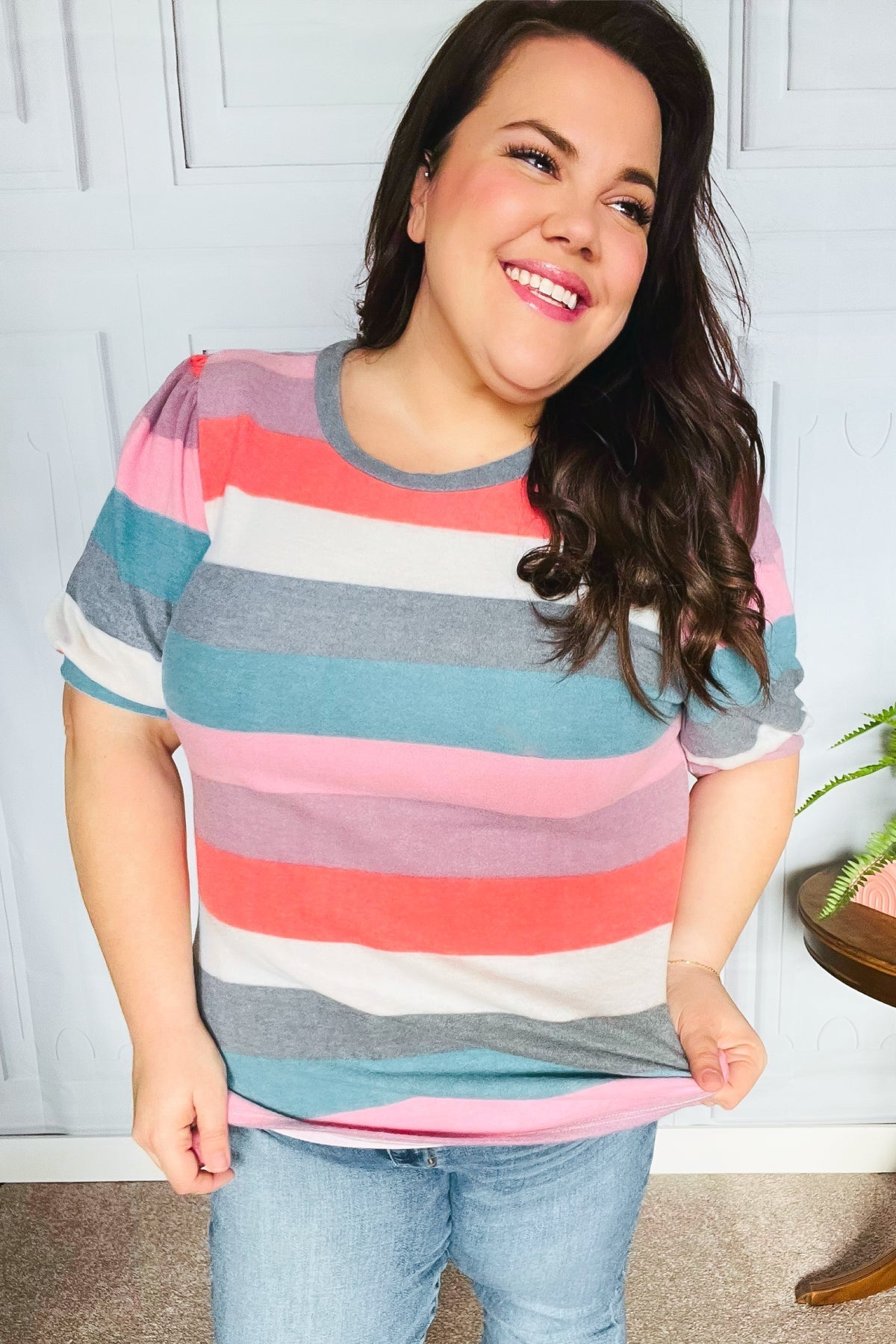 Look Out Teal & Rose Striped Hacci Knit Puff Sleeve Top (Open Pack)