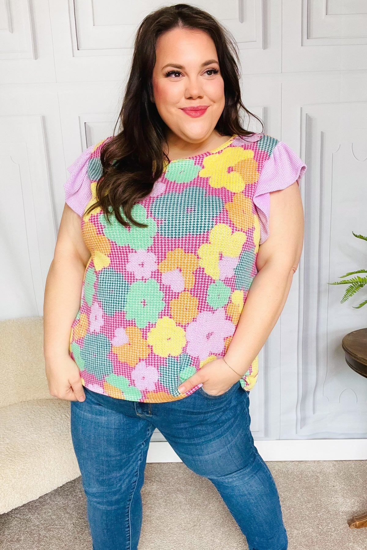 Feeling Playful Fuchsia Floral Textured Ruffle Sleeve Top (Open Pack)