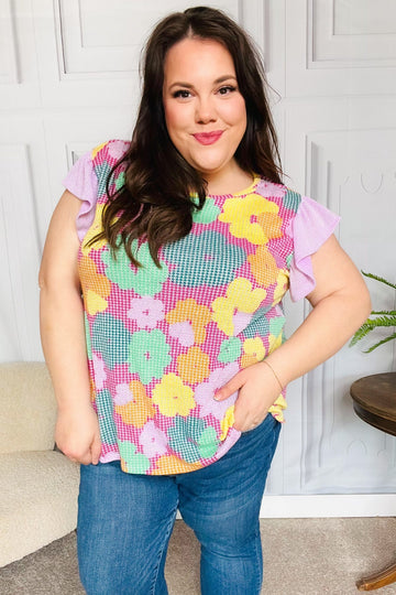 Feeling Playful Fuchsia Floral Textured Ruffle Sleeve Top (Open Pack)