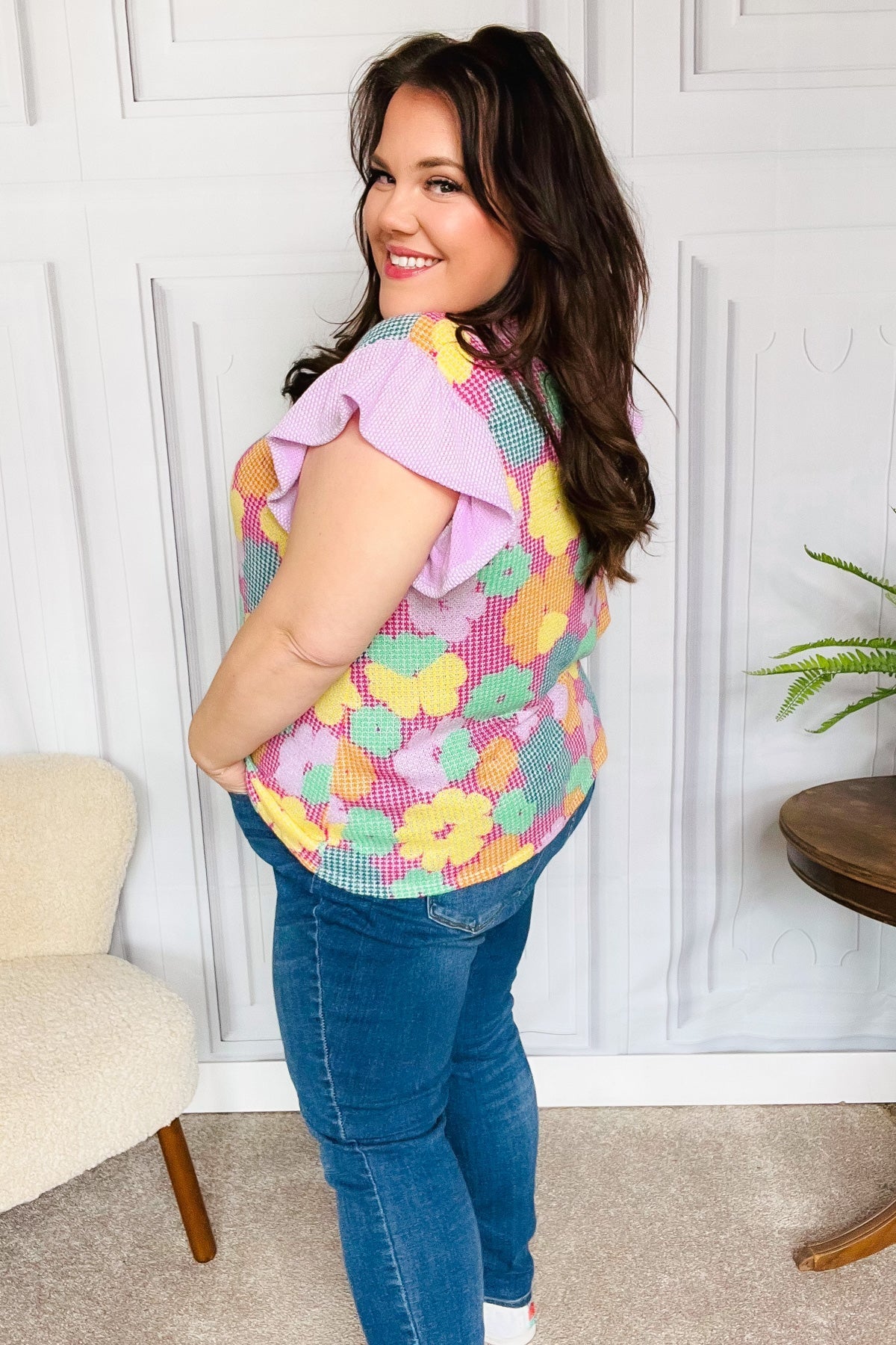 Feeling Playful Fuchsia Floral Textured Ruffle Sleeve Top (Open Pack)