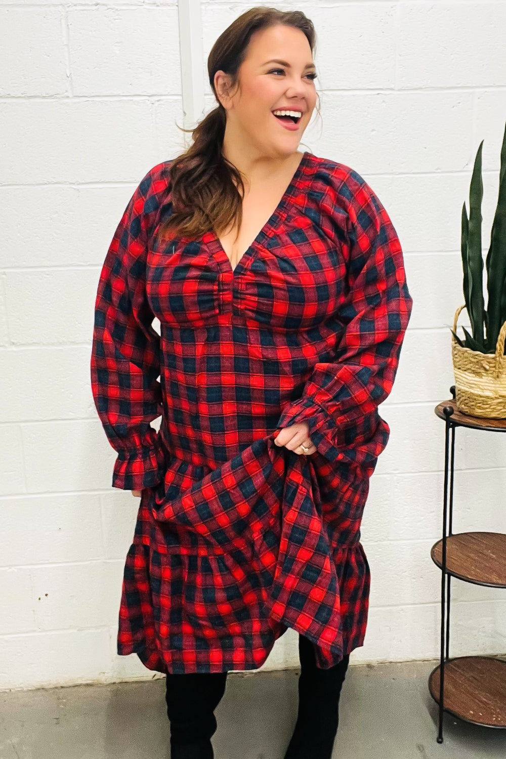 All I Want Red Plaid Elastic V Neck Tiered Maxi Holiday Dress (Open Pack)