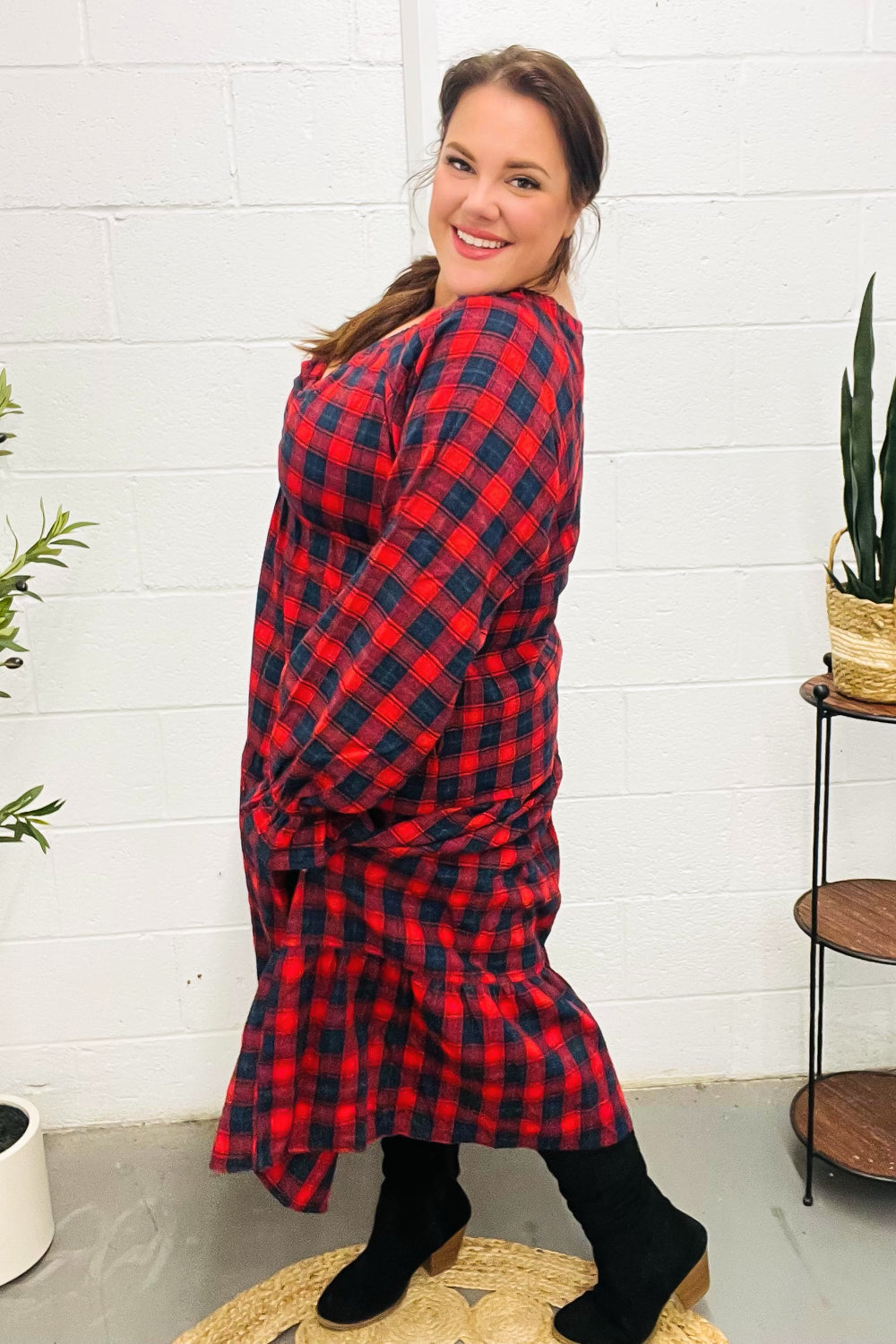 All I Want Red Plaid Elastic V Neck Tiered Maxi Holiday Dress (Open Pack)