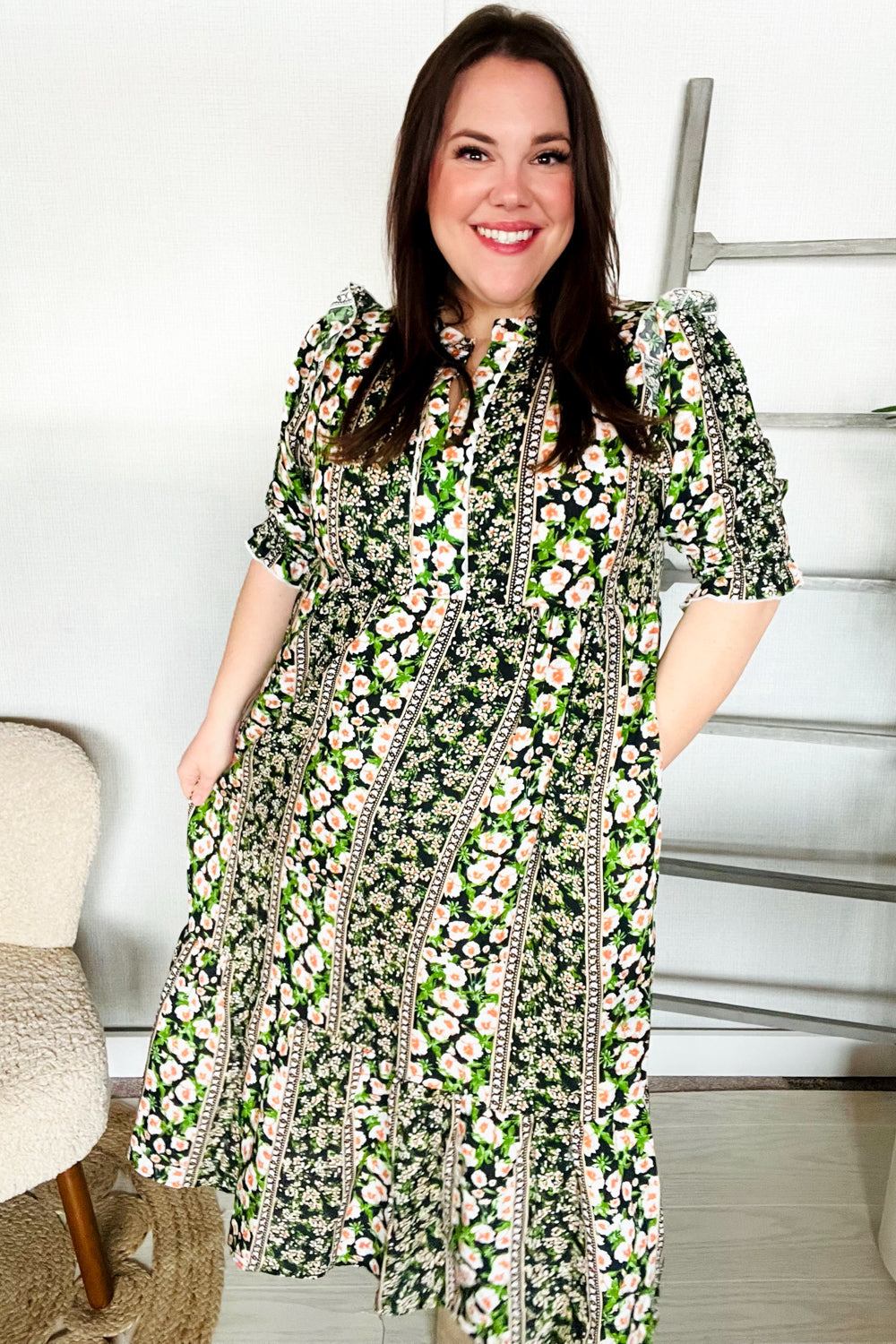 Hello Beautiful Black & Green Ruffled Notch Neck Babydoll Smocked Midi Dress (Open Pack)
