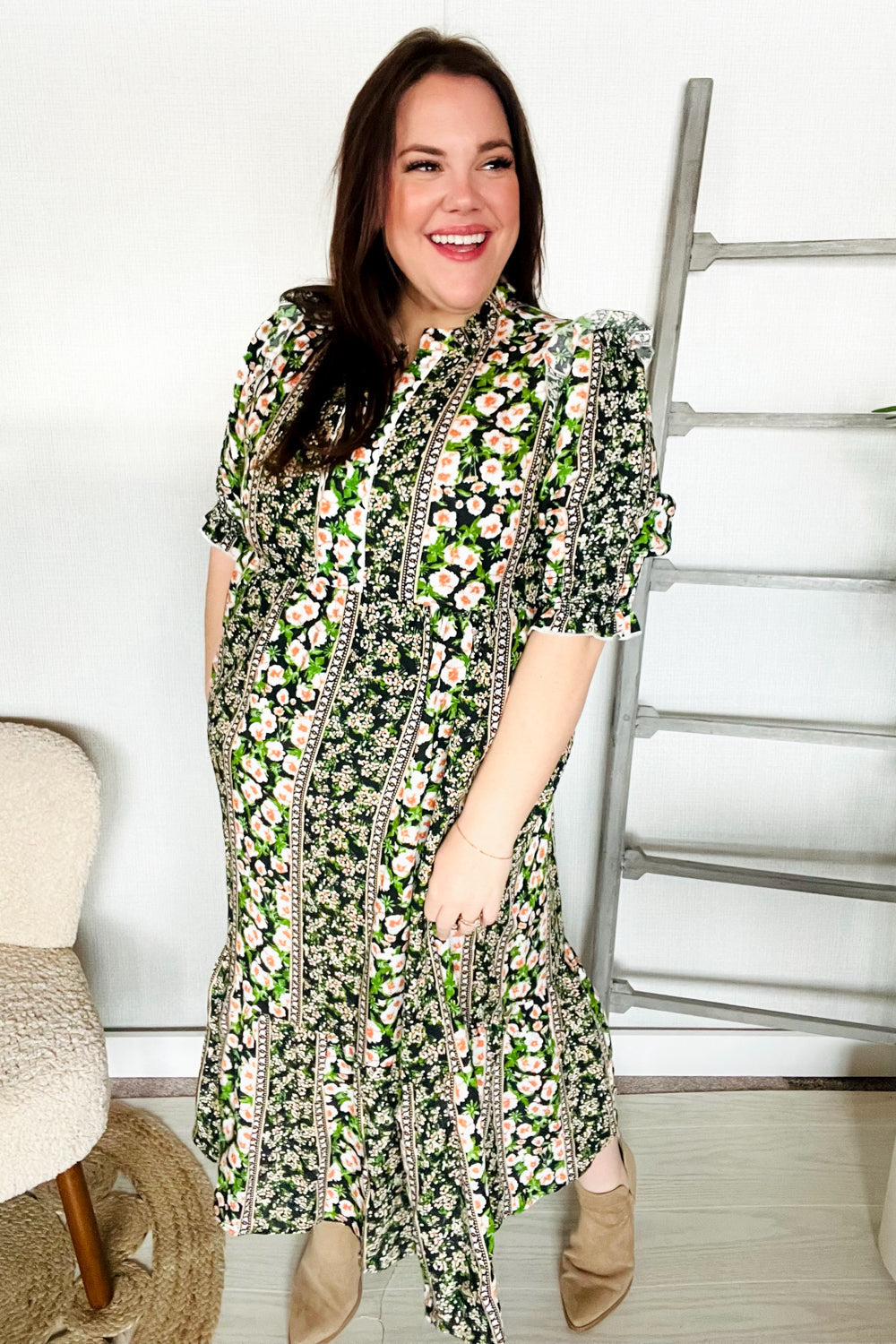 Hello Beautiful Black & Green Ruffled Notch Neck Babydoll Smocked Midi Dress (Open Pack)