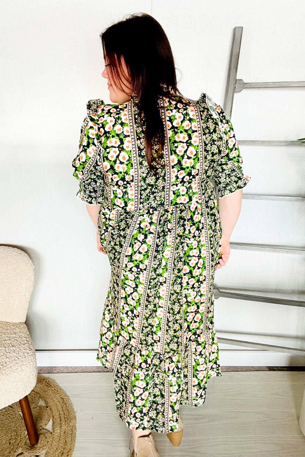 Hello Beautiful Black & Green Ruffled Notch Neck Babydoll Smocked Midi Dress (Open Pack)