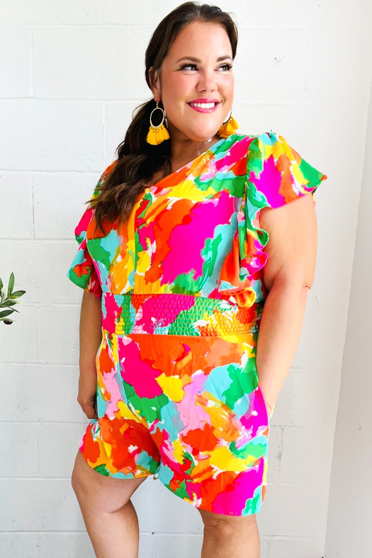 Under The Sun Abstract Floral Smocked Waist V Neck Flutter Sleeve Romper (Open Pack)