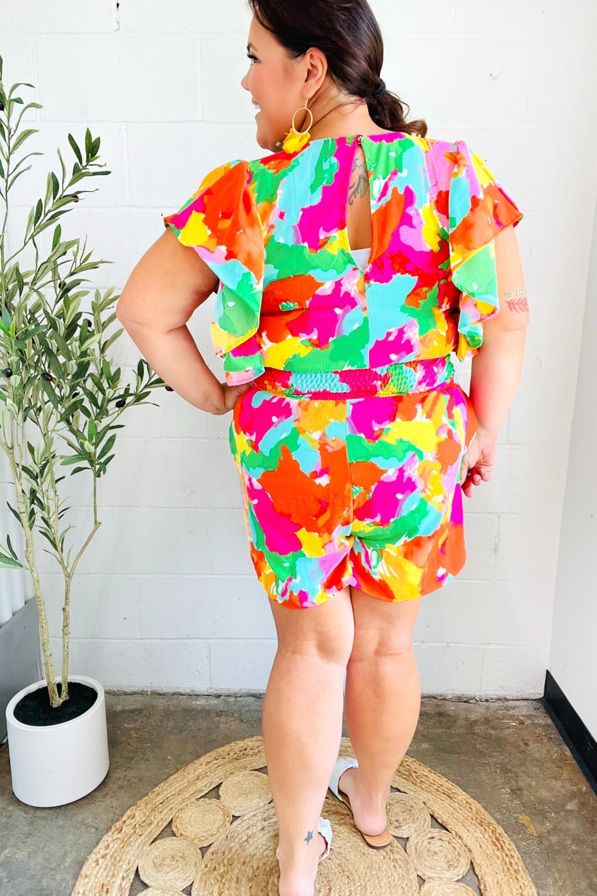 Under The Sun Abstract Floral Smocked Waist V Neck Flutter Sleeve Romper (Open Pack)