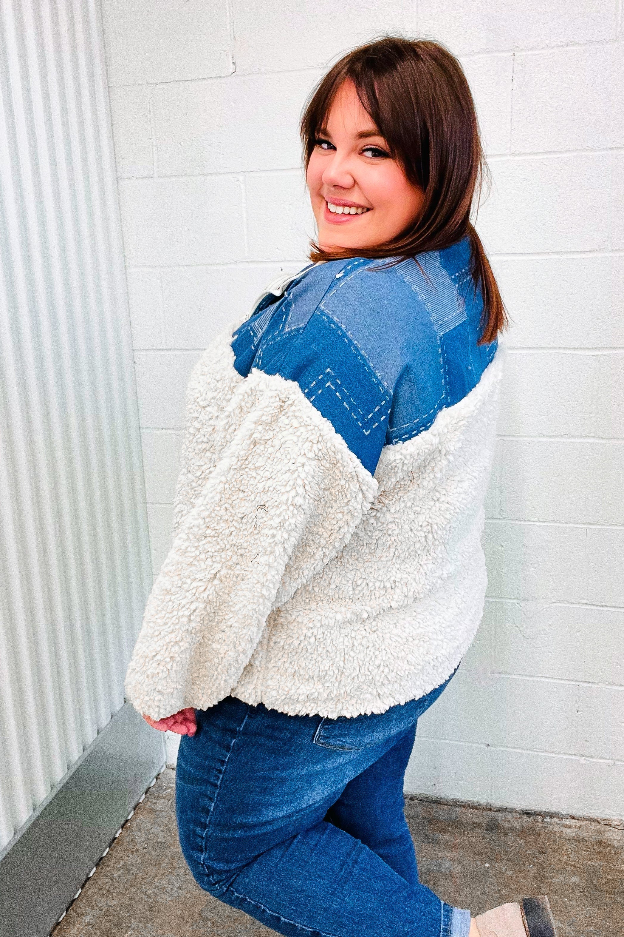 Good Vibes Denim & Ivory Patchwork Sherpa Half Zip Pullover (Open Pack)