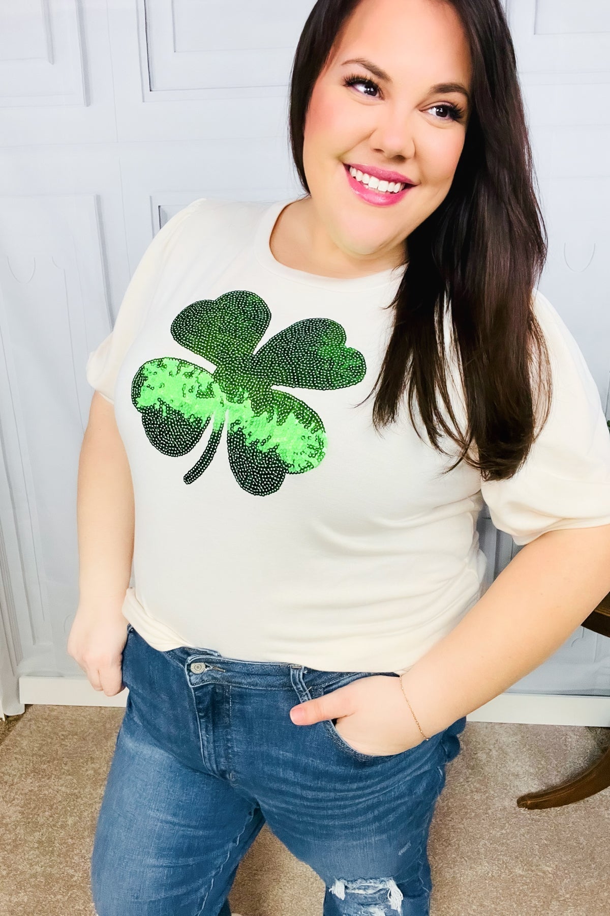 Saint Patty Sequin Clover French Terry Puff Sleeve Top (Open Pack)