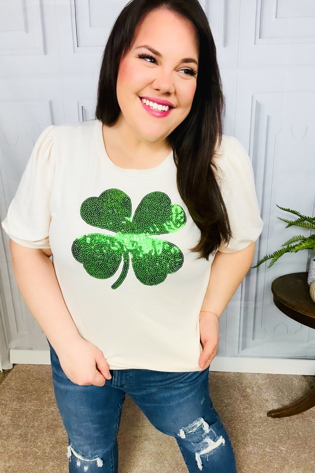 Saint Patty Sequin Clover French Terry Puff Sleeve Top (Open Pack)