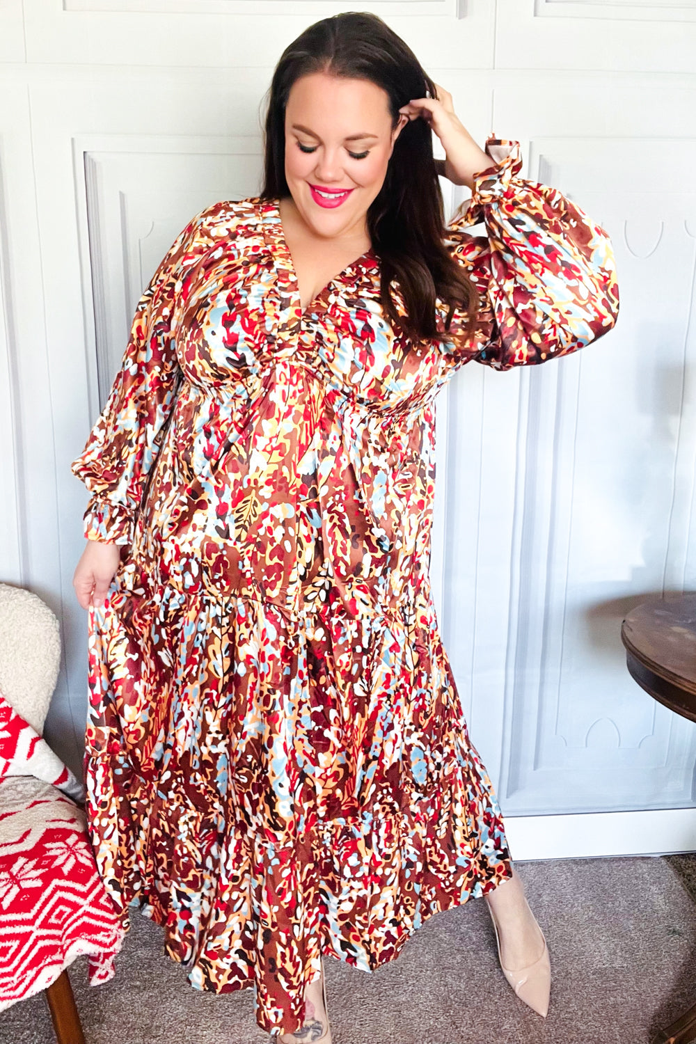 Feeling Femme Mocha Floral Print V Neck Satin Maxi Dress (Open Pack)