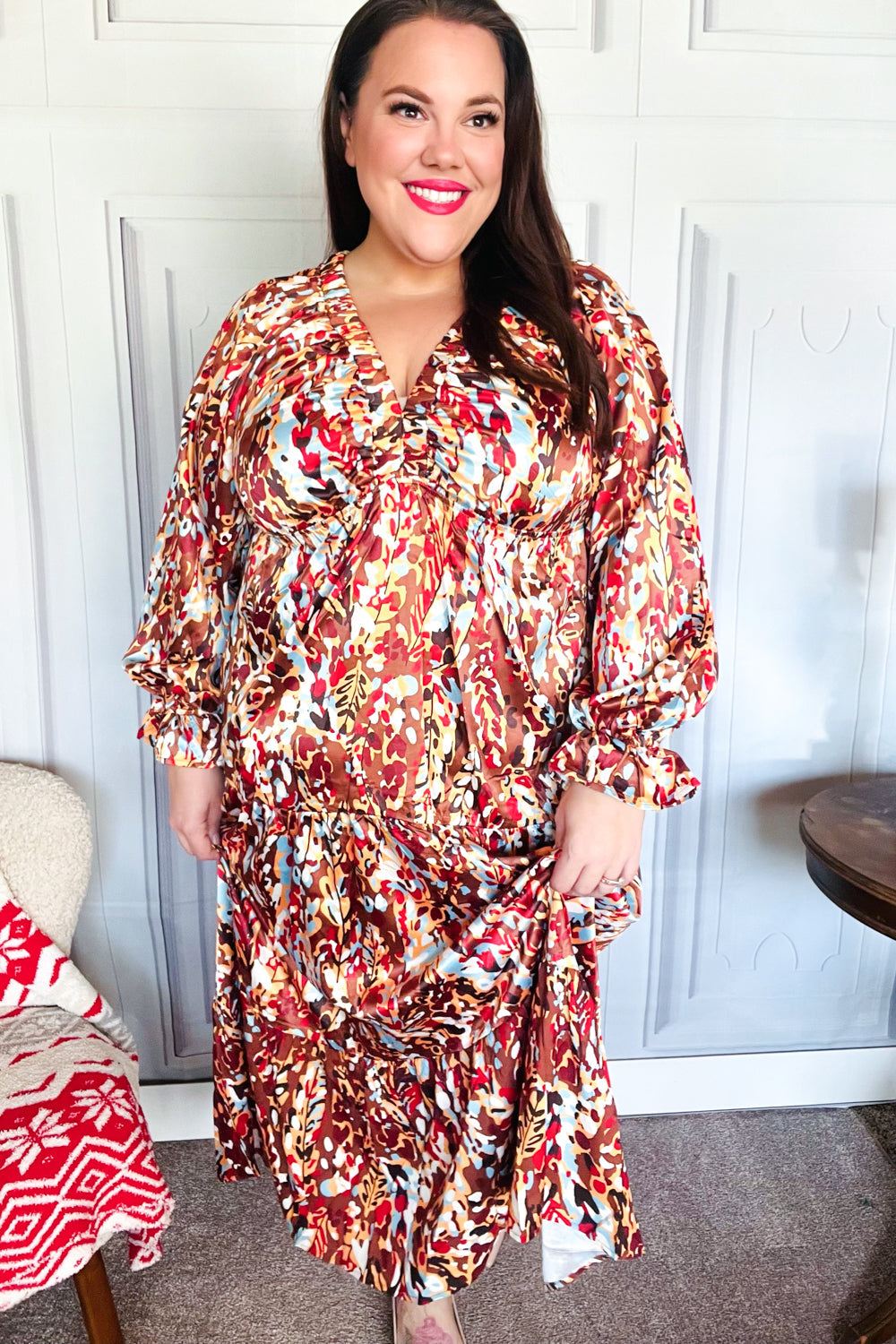 Feeling Femme Mocha Floral Print V Neck Satin Maxi Dress (Open Pack)