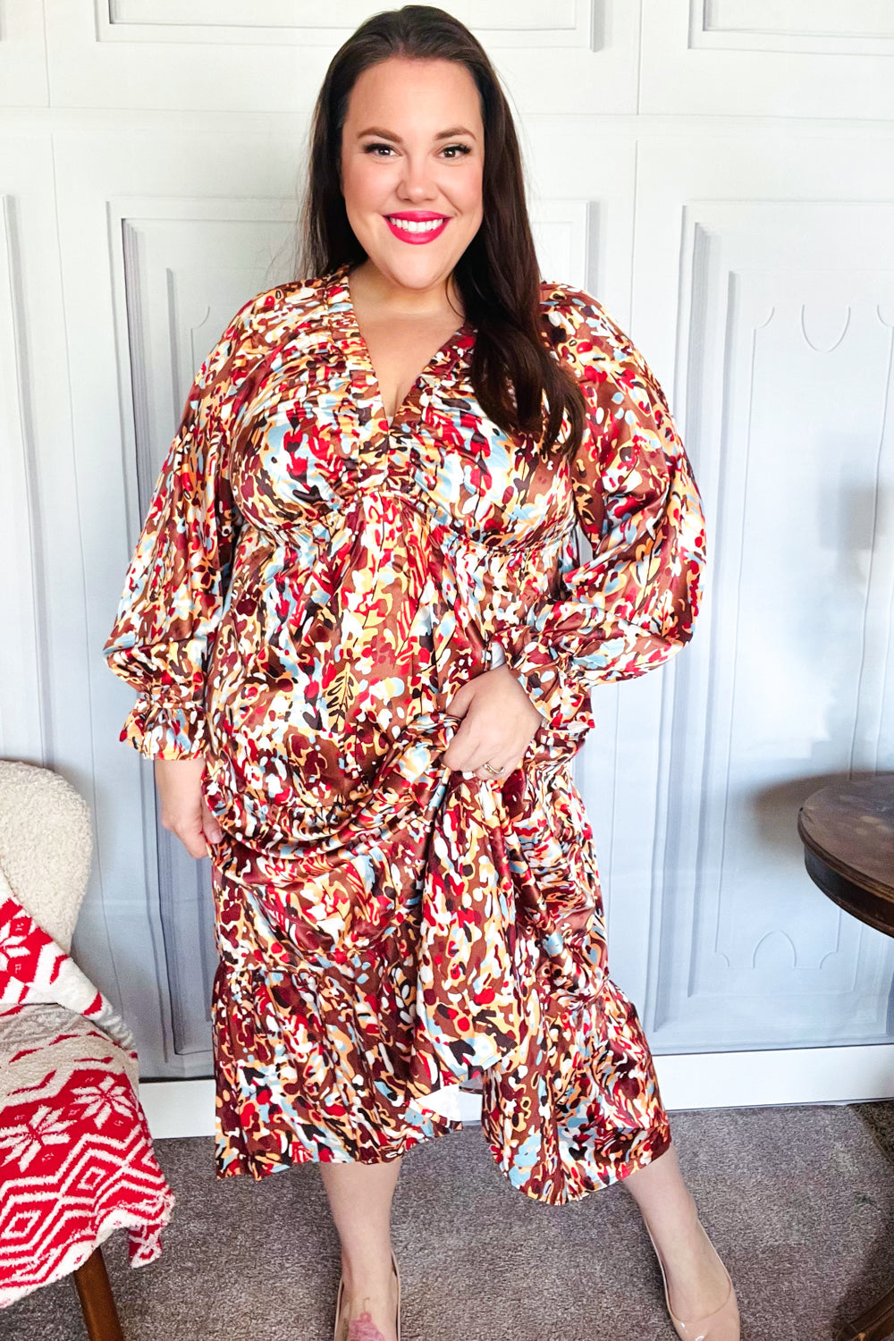 Feeling Femme Mocha Floral Print V Neck Satin Maxi Dress (Open Pack)